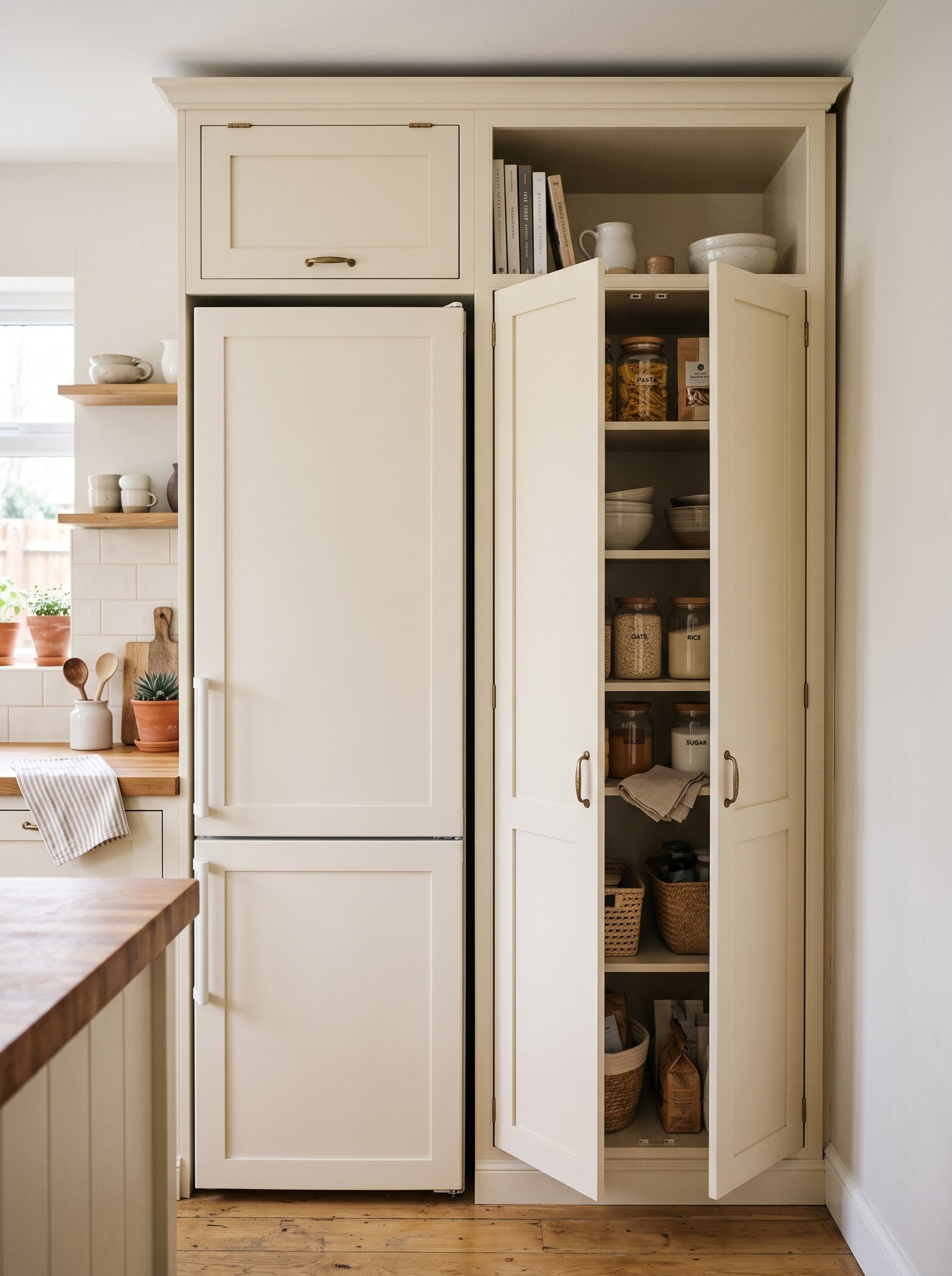Build a tall pantry cabinet next to the fridge