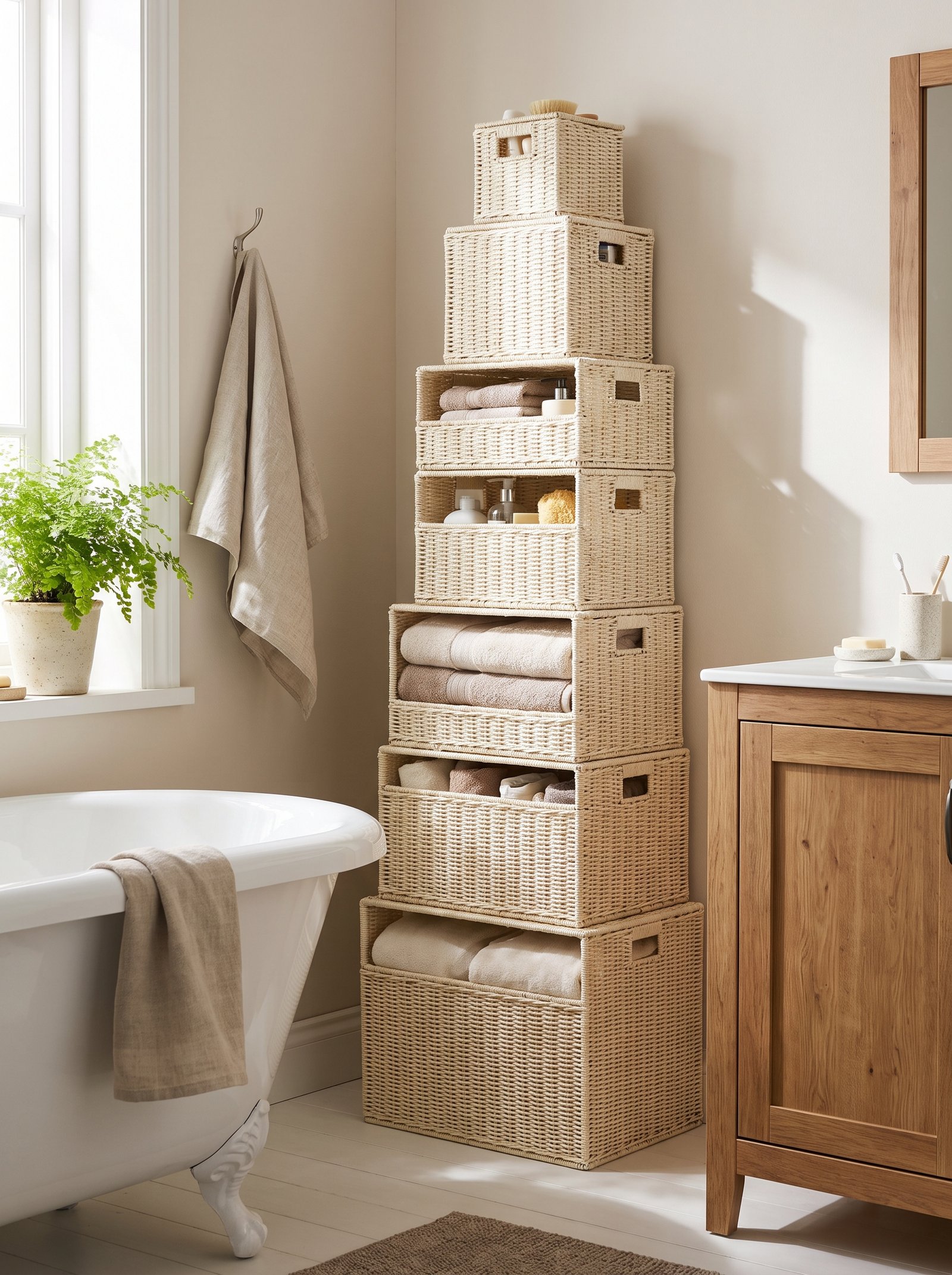 Stack wicker baskets vertically as storage tower