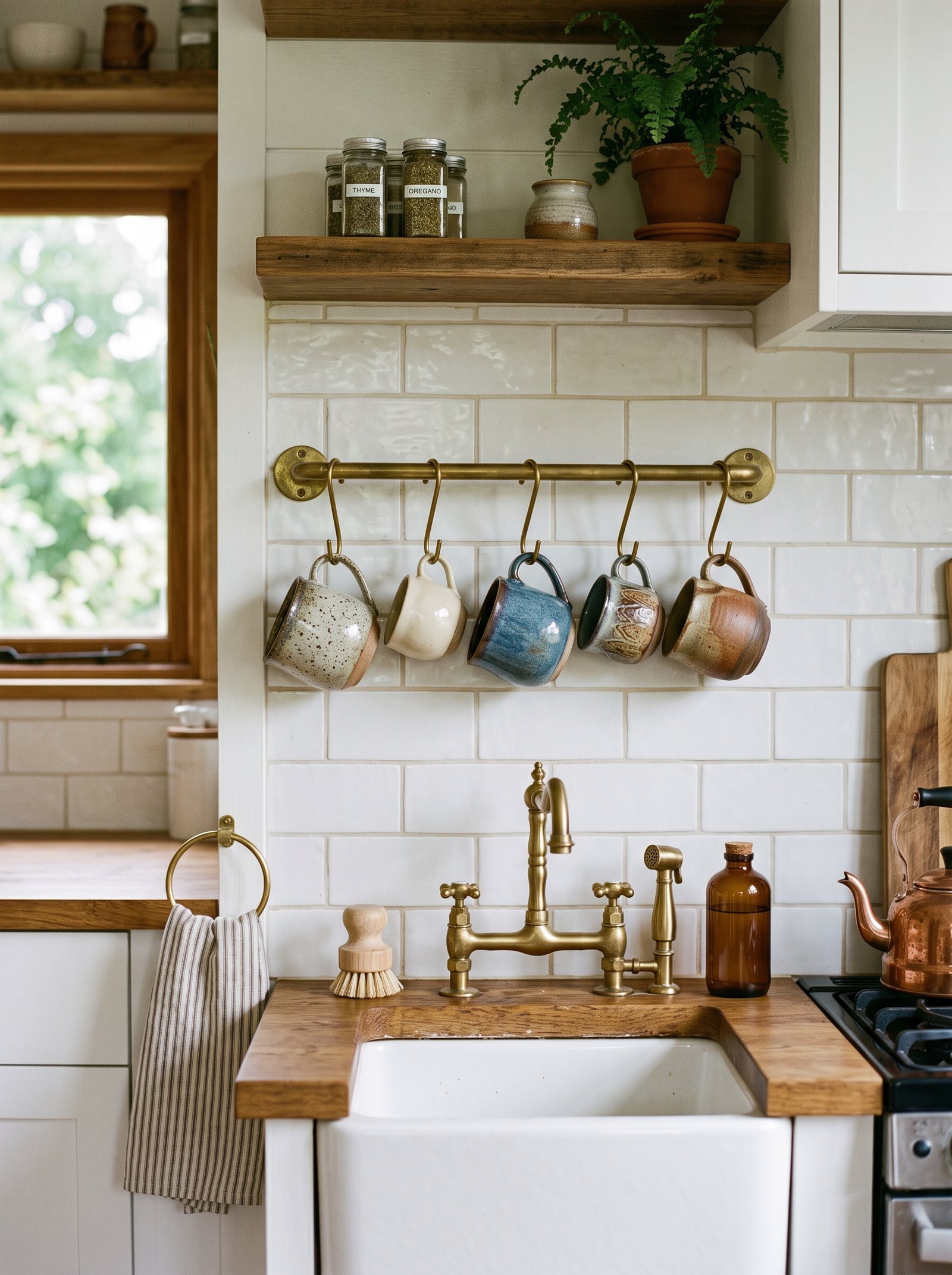 Install a brass rail with hanging cups