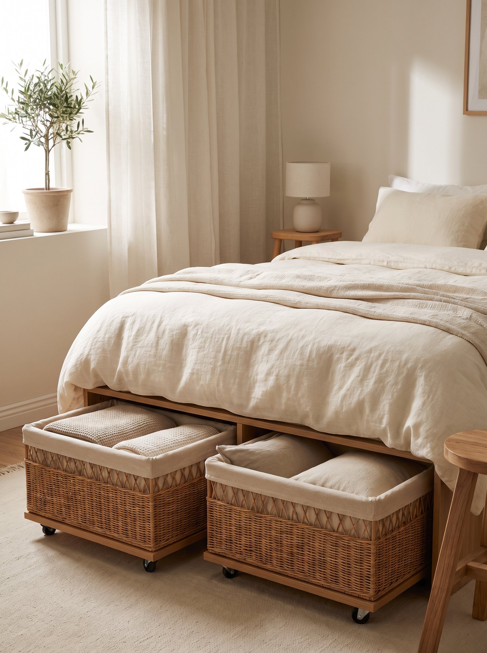 Use rolling baskets under the bed