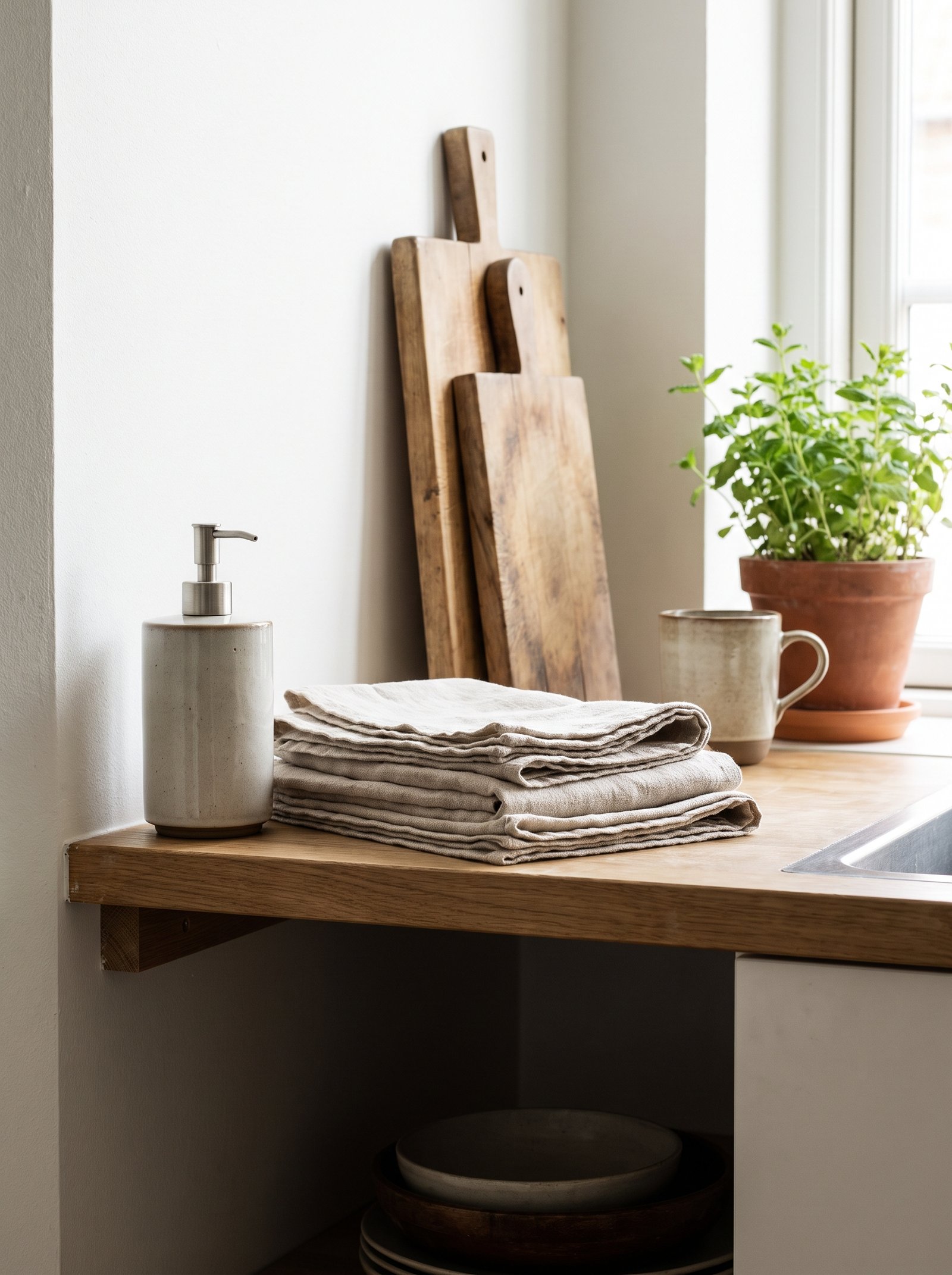 Stack of oatmeal linen dish towels on a rental kitchen counter