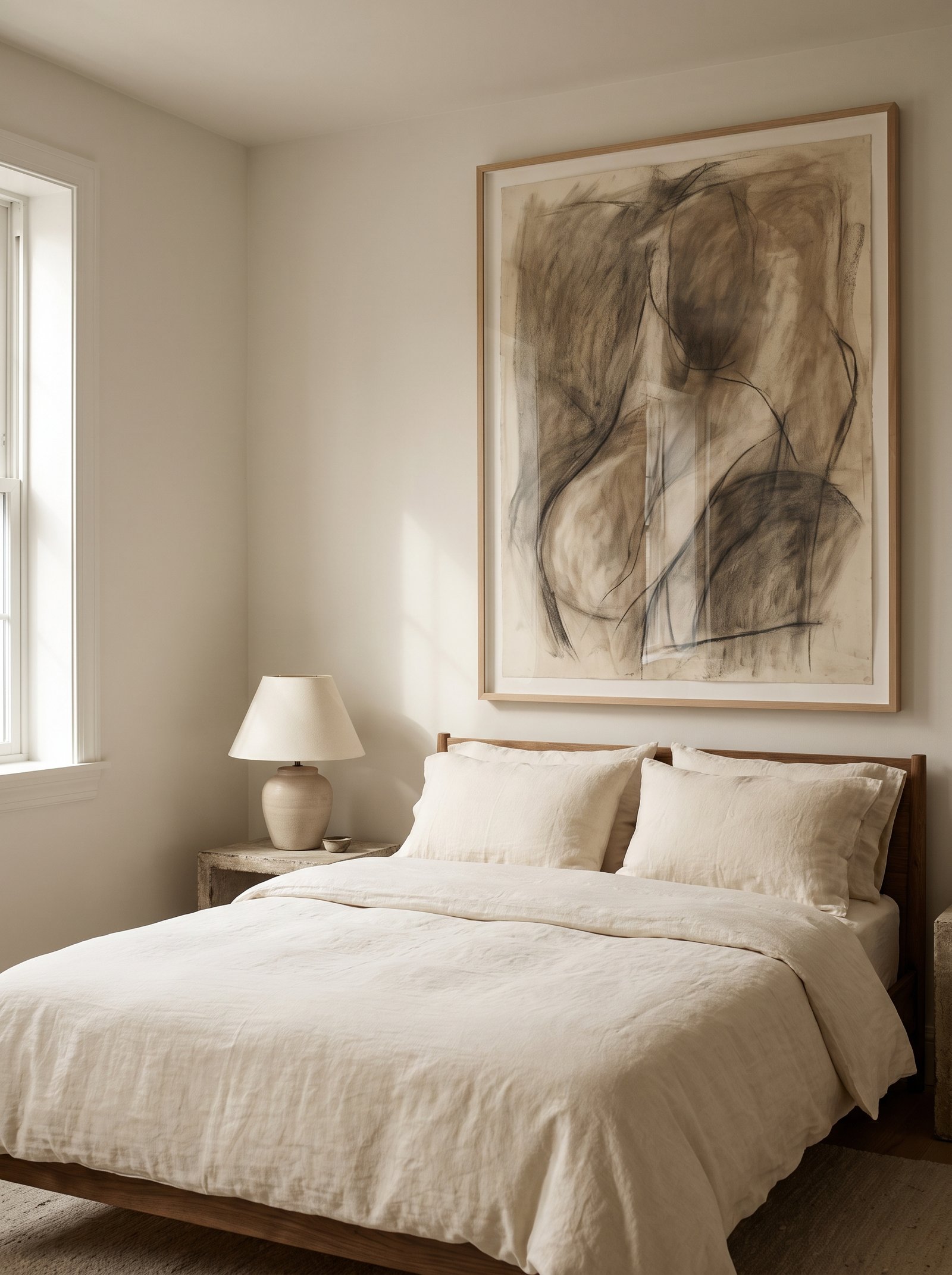 Hang one oversized piece of art above the bed