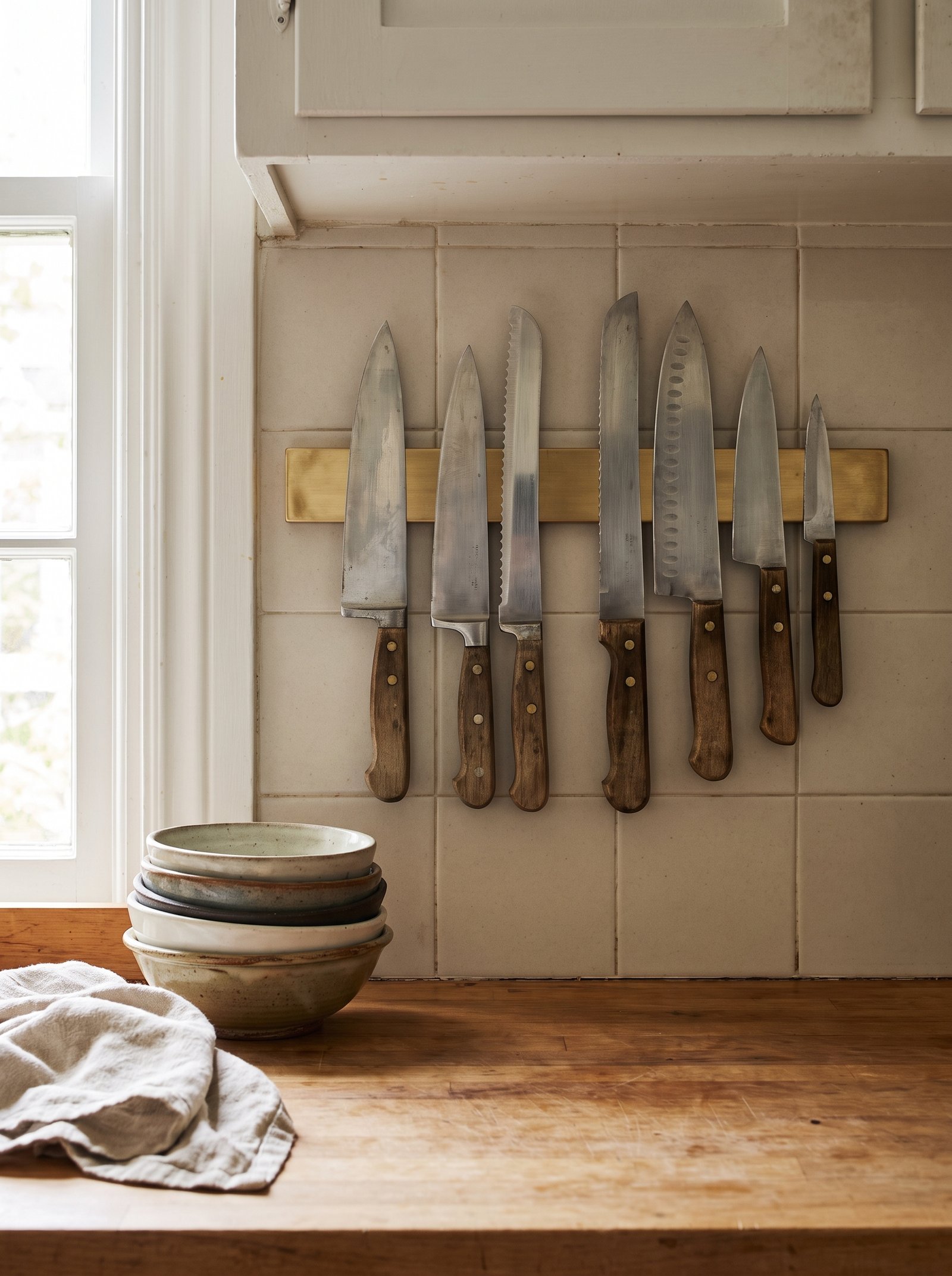 Aged brass magnetic knife strip mounted on a rental kitchen wall