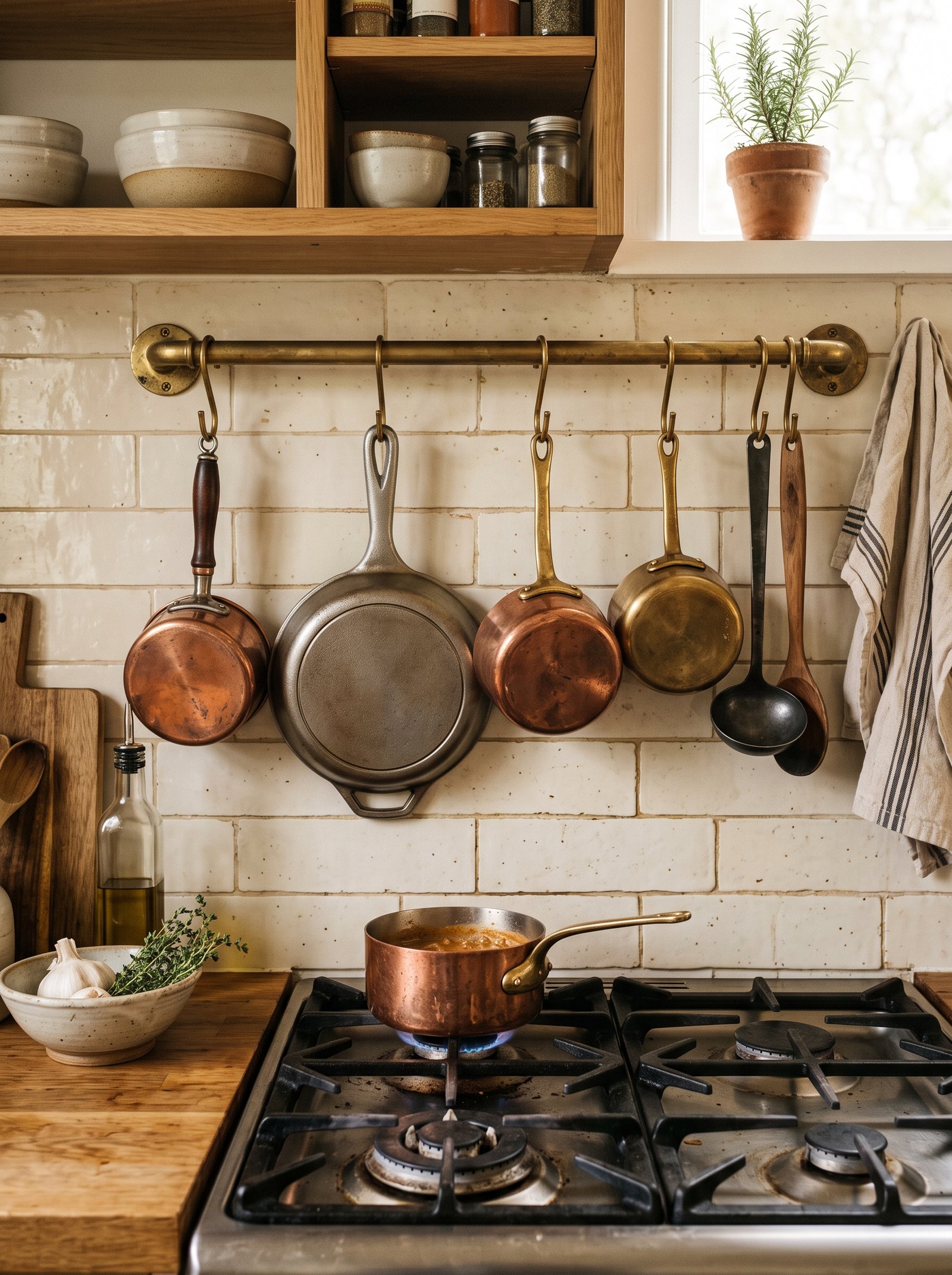 Add a brass pot rail above the stove