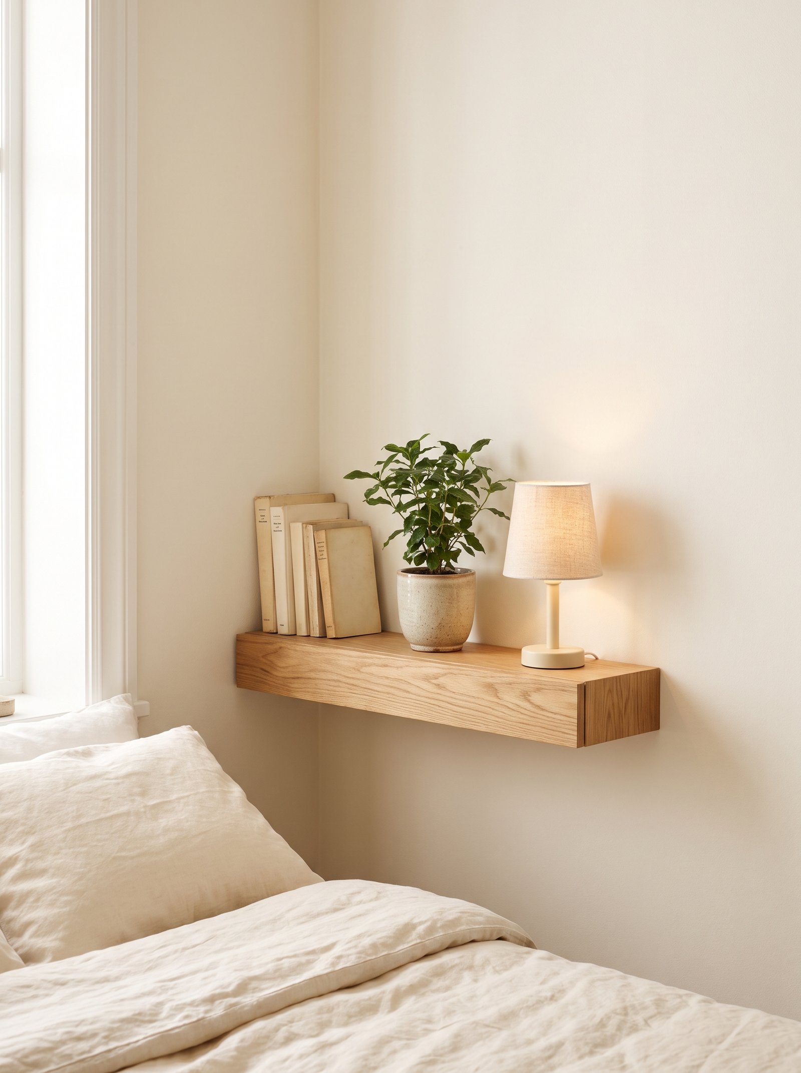Put a wall shelf where a nightstand would go