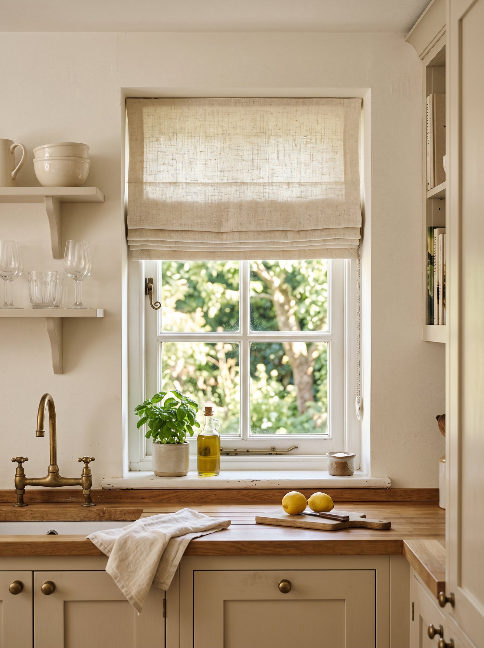 Replace kitchen curtains with a linen roman shade