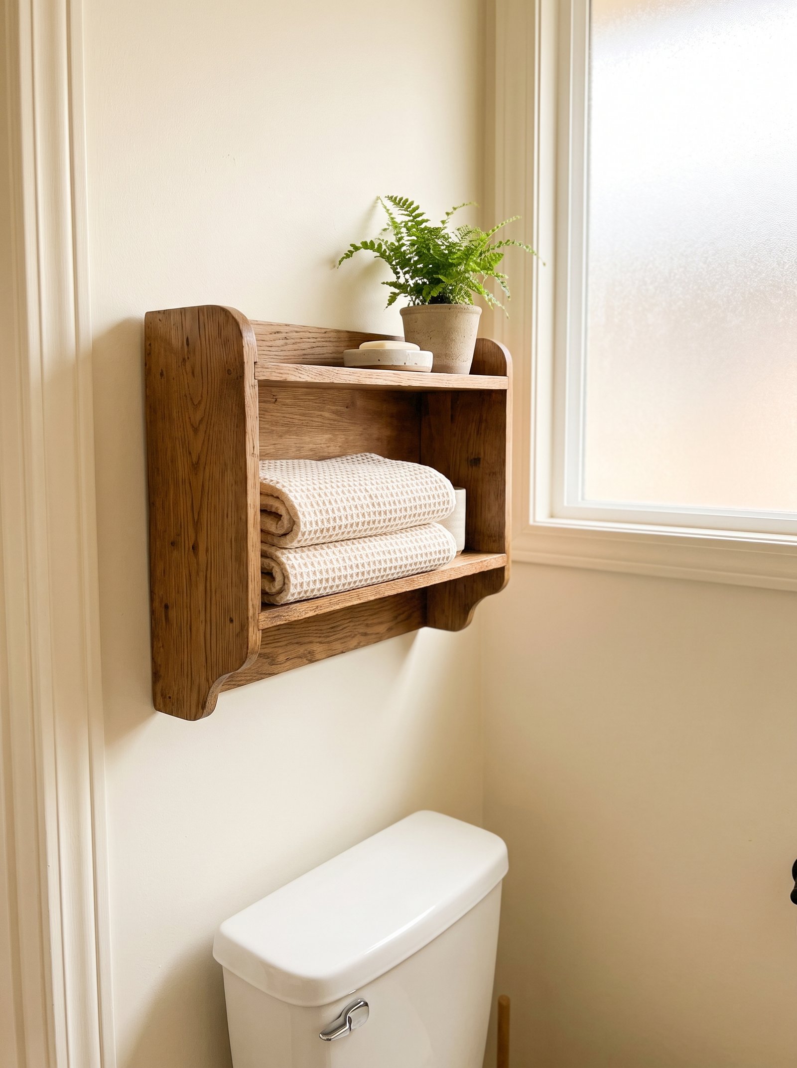 Add an over-the-toilet oak shelf