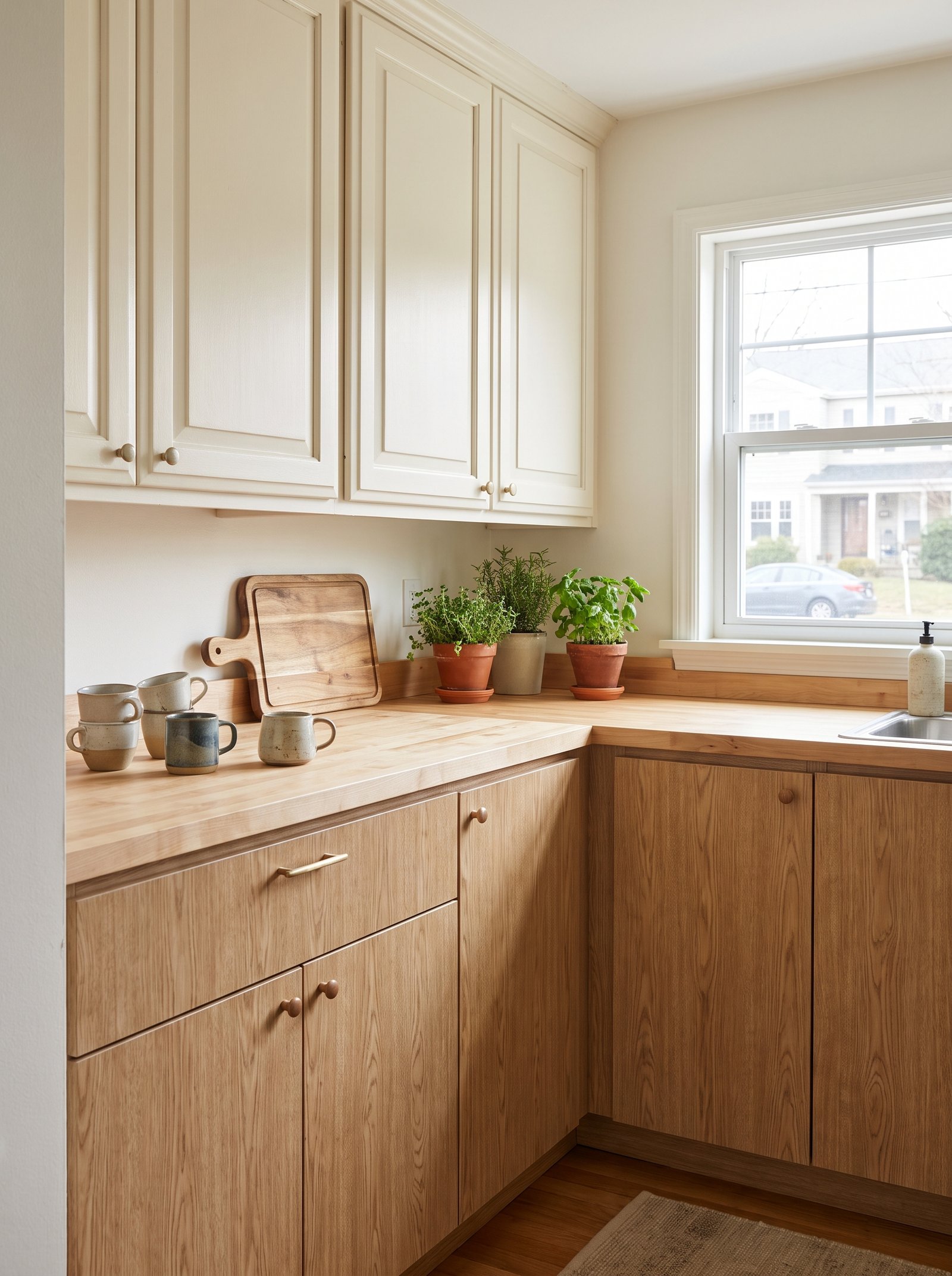 Rental kitchen cabinets refreshed with warm oak contact paper