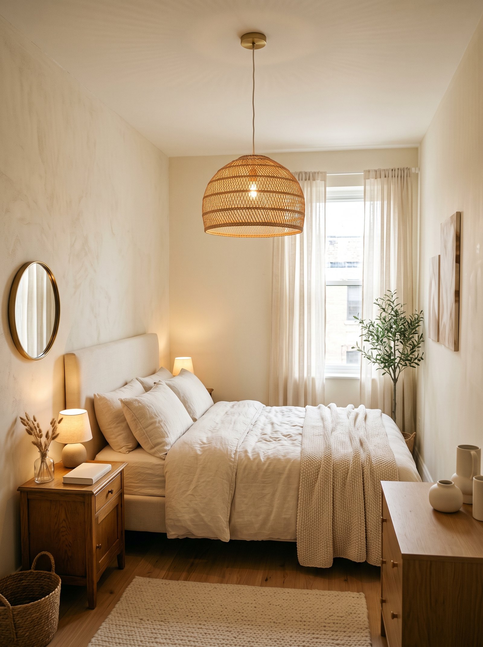 Swap the flush-mount ceiling light for a rattan pendant