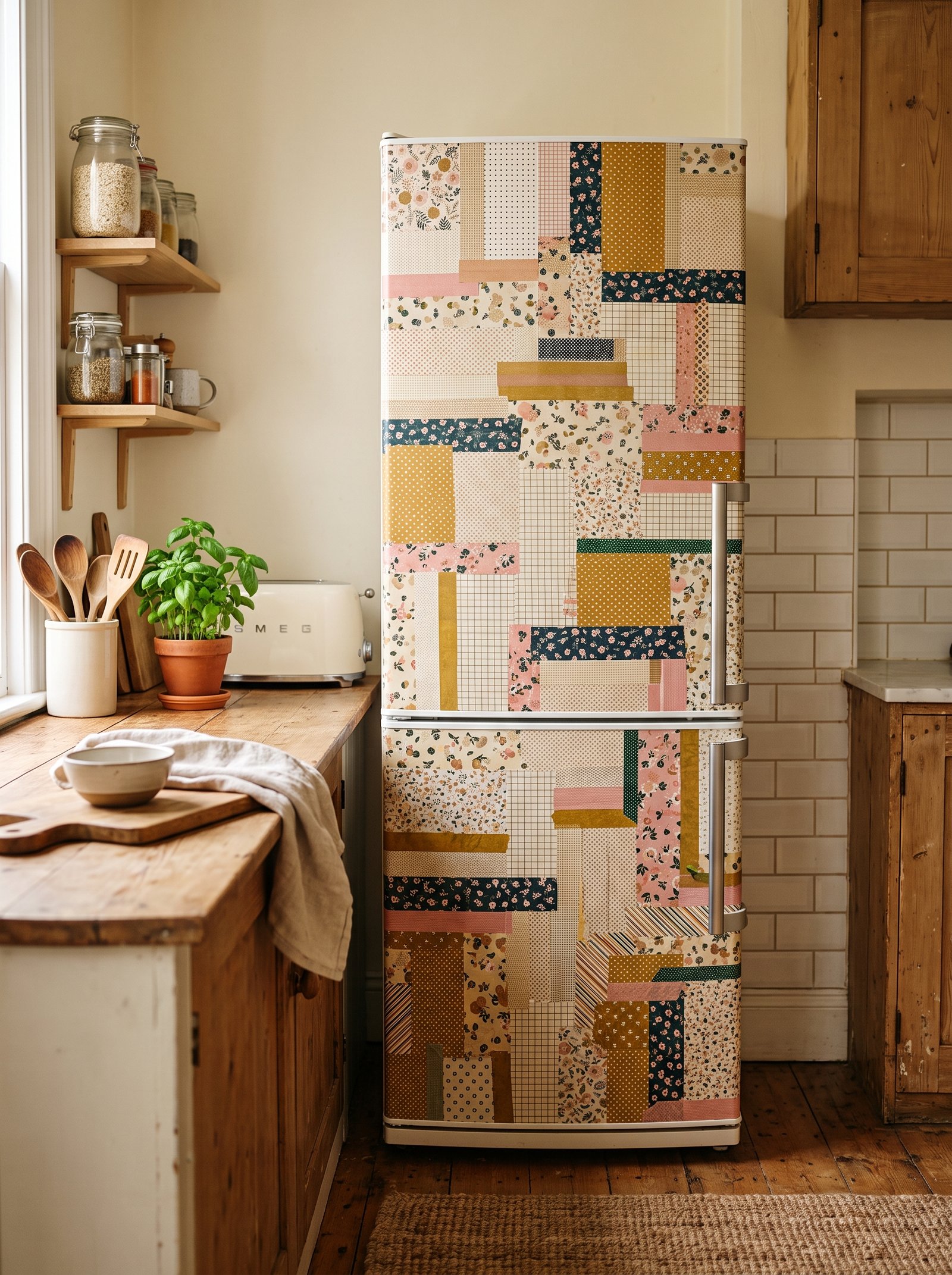 Rental fridge subtly camouflaged with warm washi tape edging