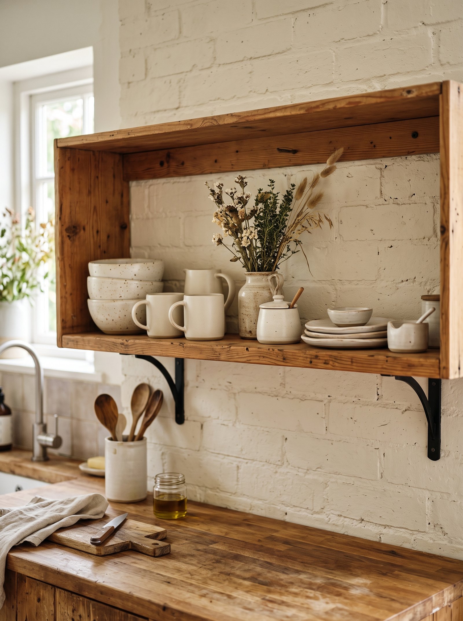 One styled open shelf in a rental kitchen with cream ceramics and books