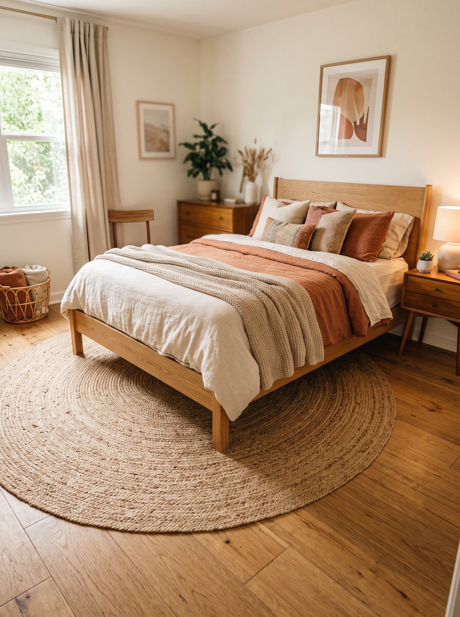 Anchor the bed with a rug that extends past the sides