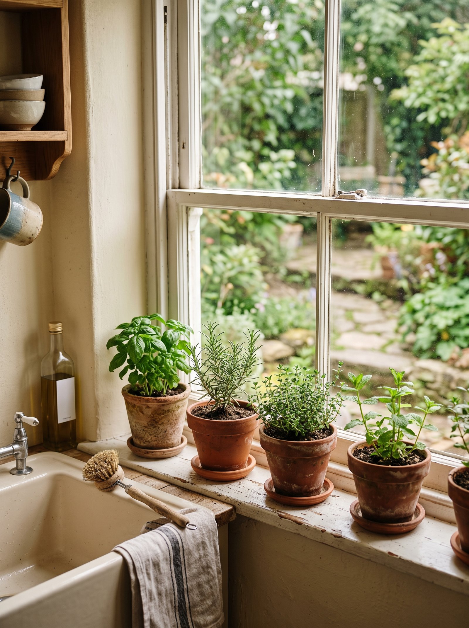 Small potted herbs growing on a rental kitchen windowsill