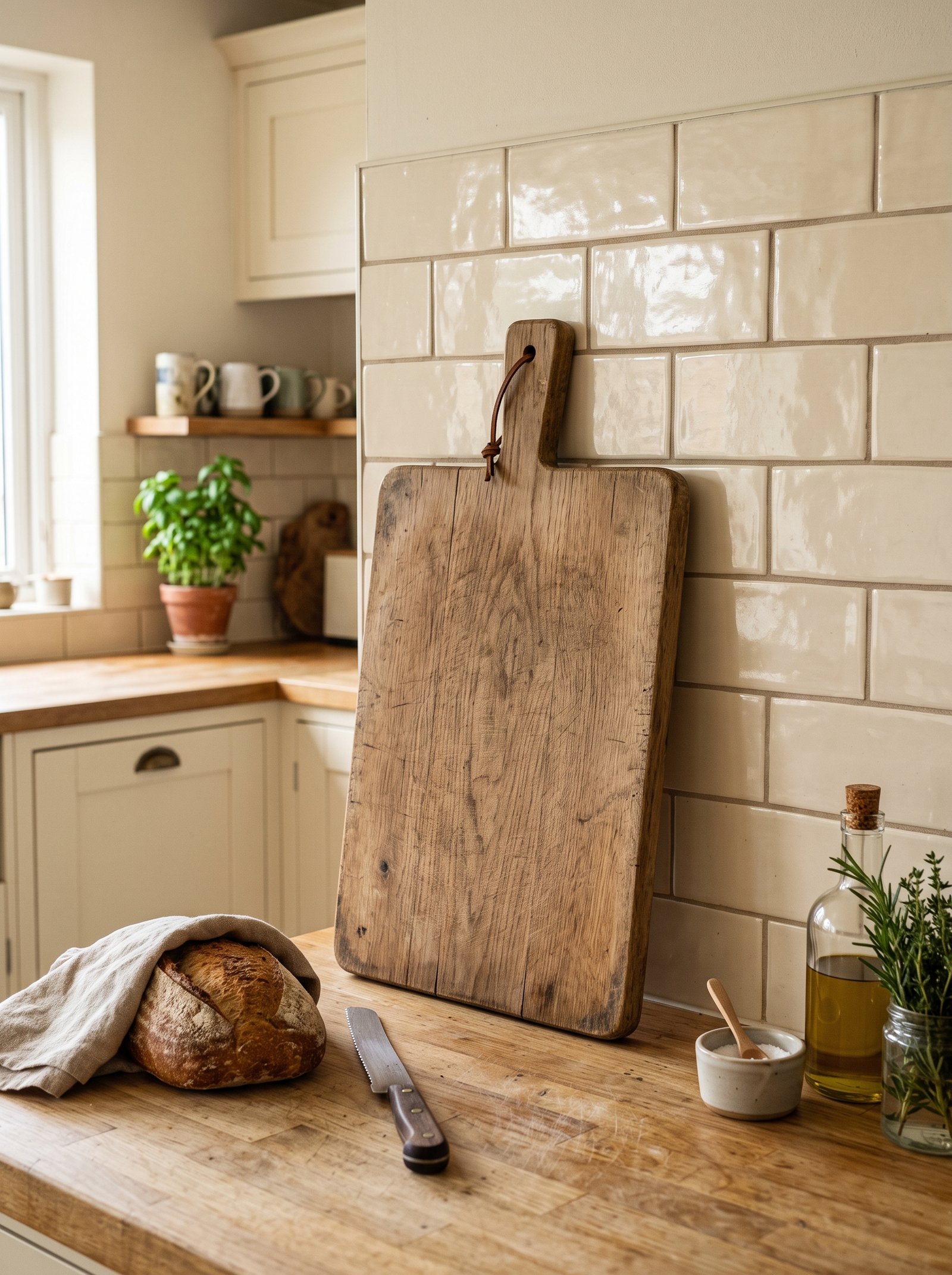 Large wooden bread board leaning against a rental kitchen backsplash