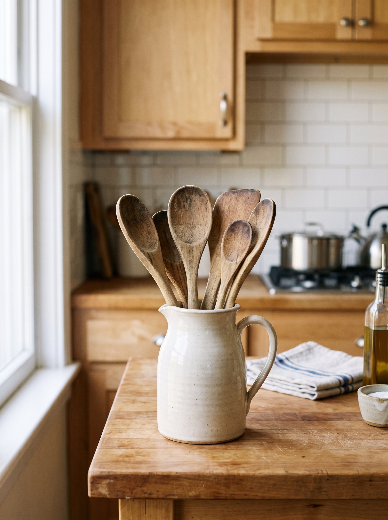 Cream ceramic pitcher holding a set of wooden spoons on a rental kitchen counter