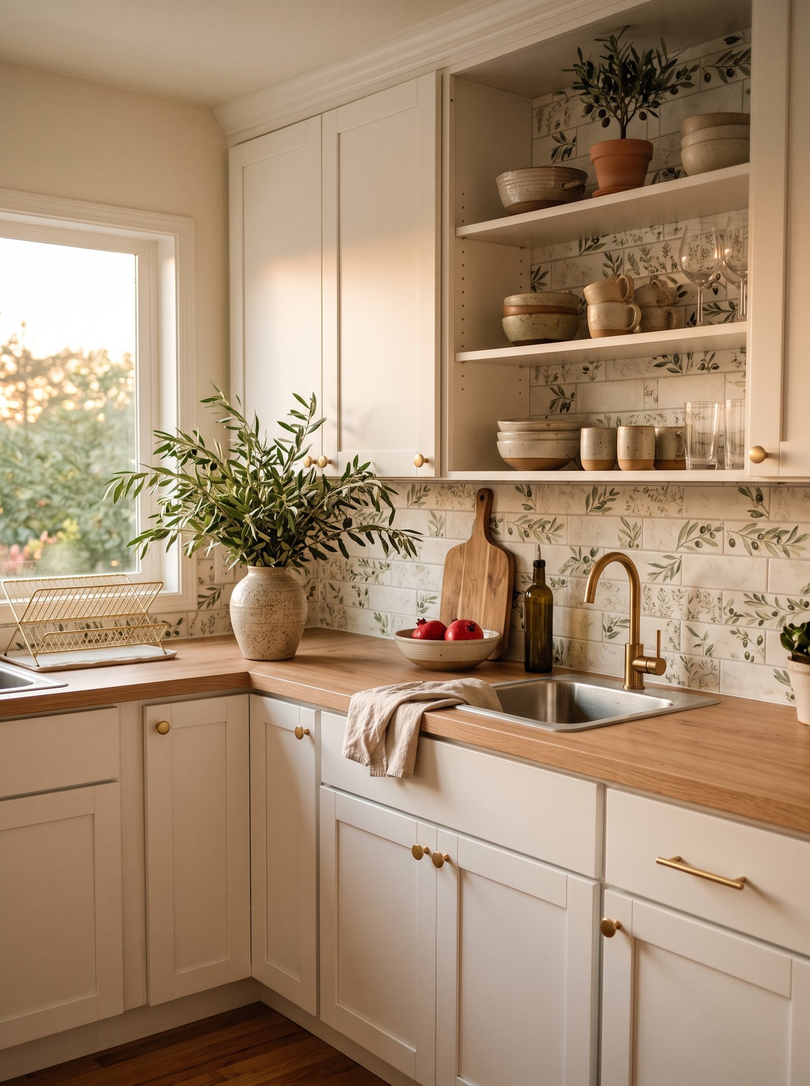 Fully styled rental kitchen with peel and stick backsplash, oak contact paper, brass hardware, olive branch, and golden hour light