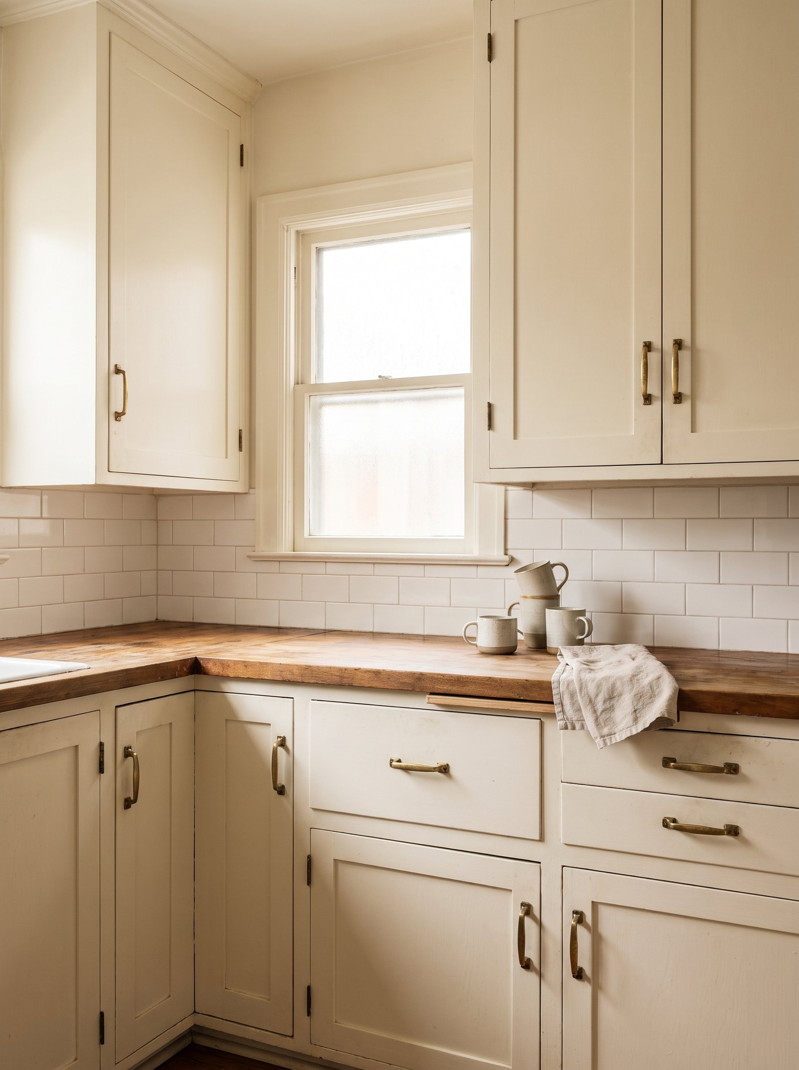 Aged brass stick-on cabinet pulls on rental kitchen cabinets