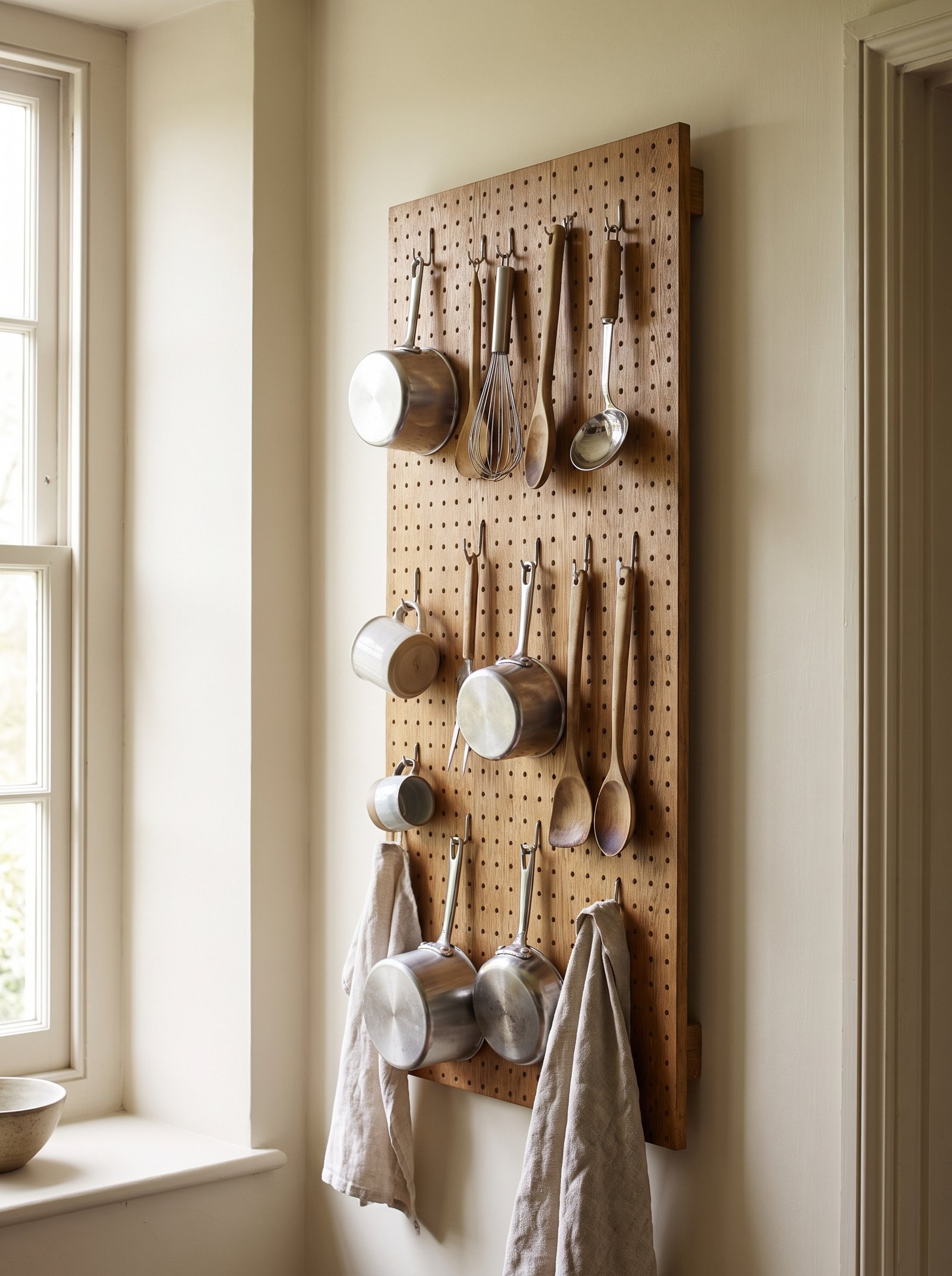 Add a slim wall pegboard for utensils
