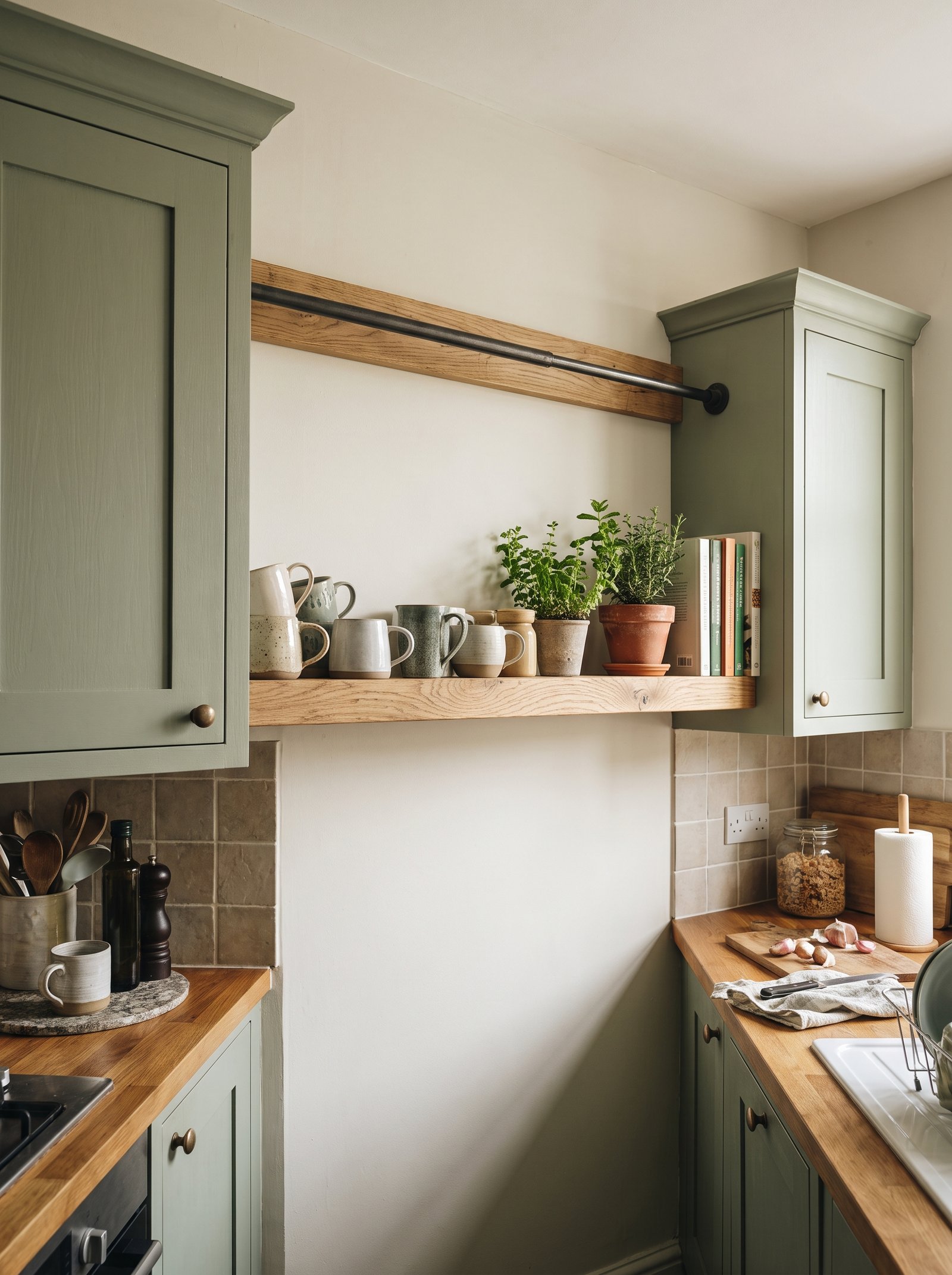 Removable oak tension shelf between upper cabinets in a rental kitchen