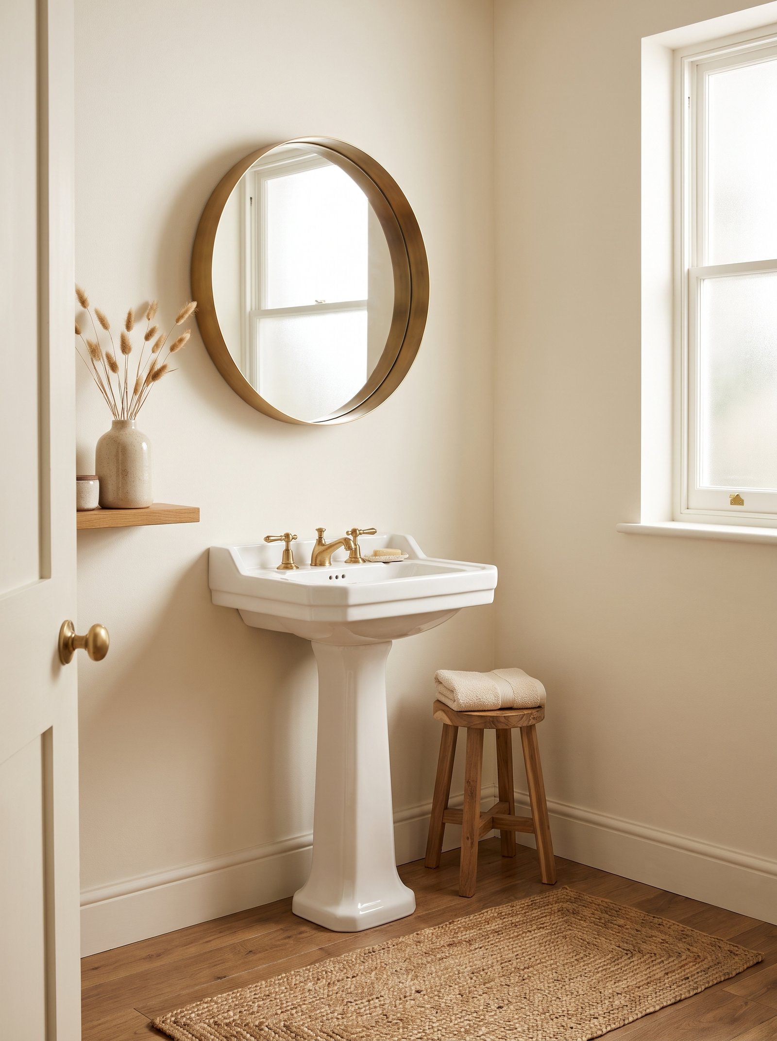 Hang a brass-framed mirror above the vanity