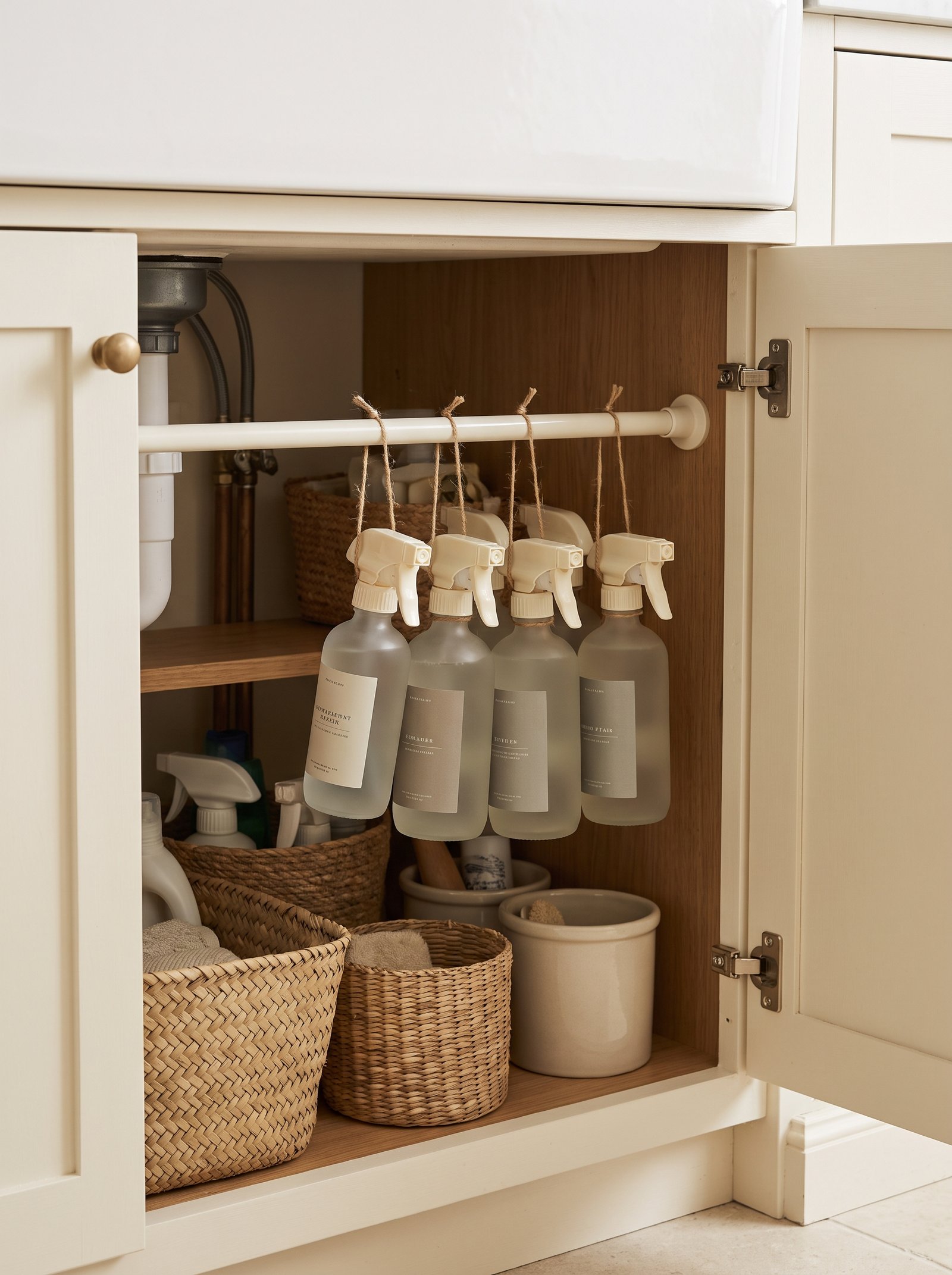 Add a tension rod under the sink for spray bottles