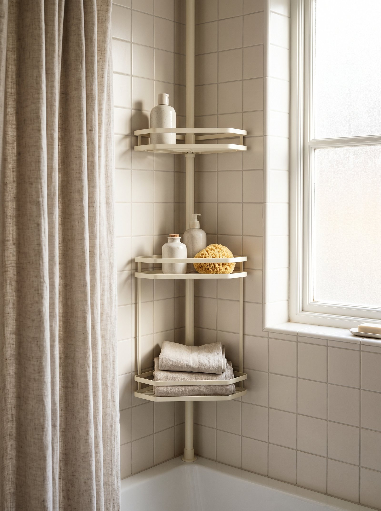 Add a tension-rod corner shower caddy