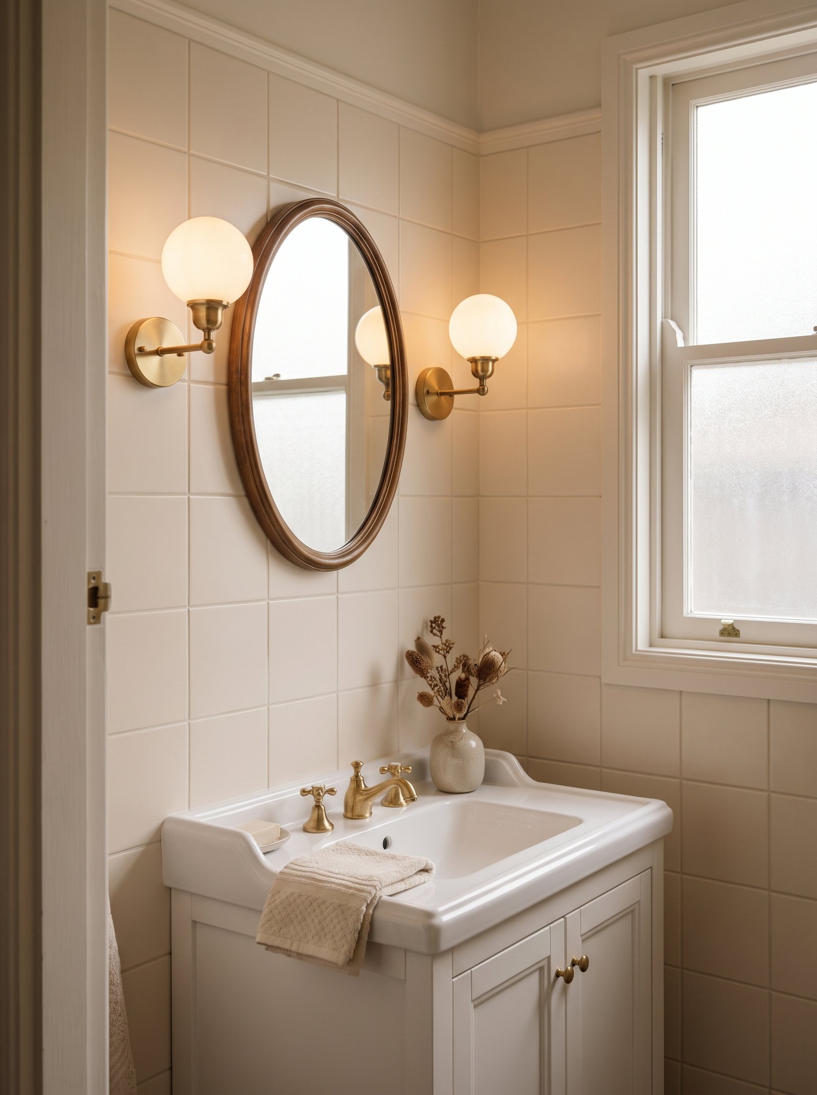Mount brass wall sconces beside the mirror