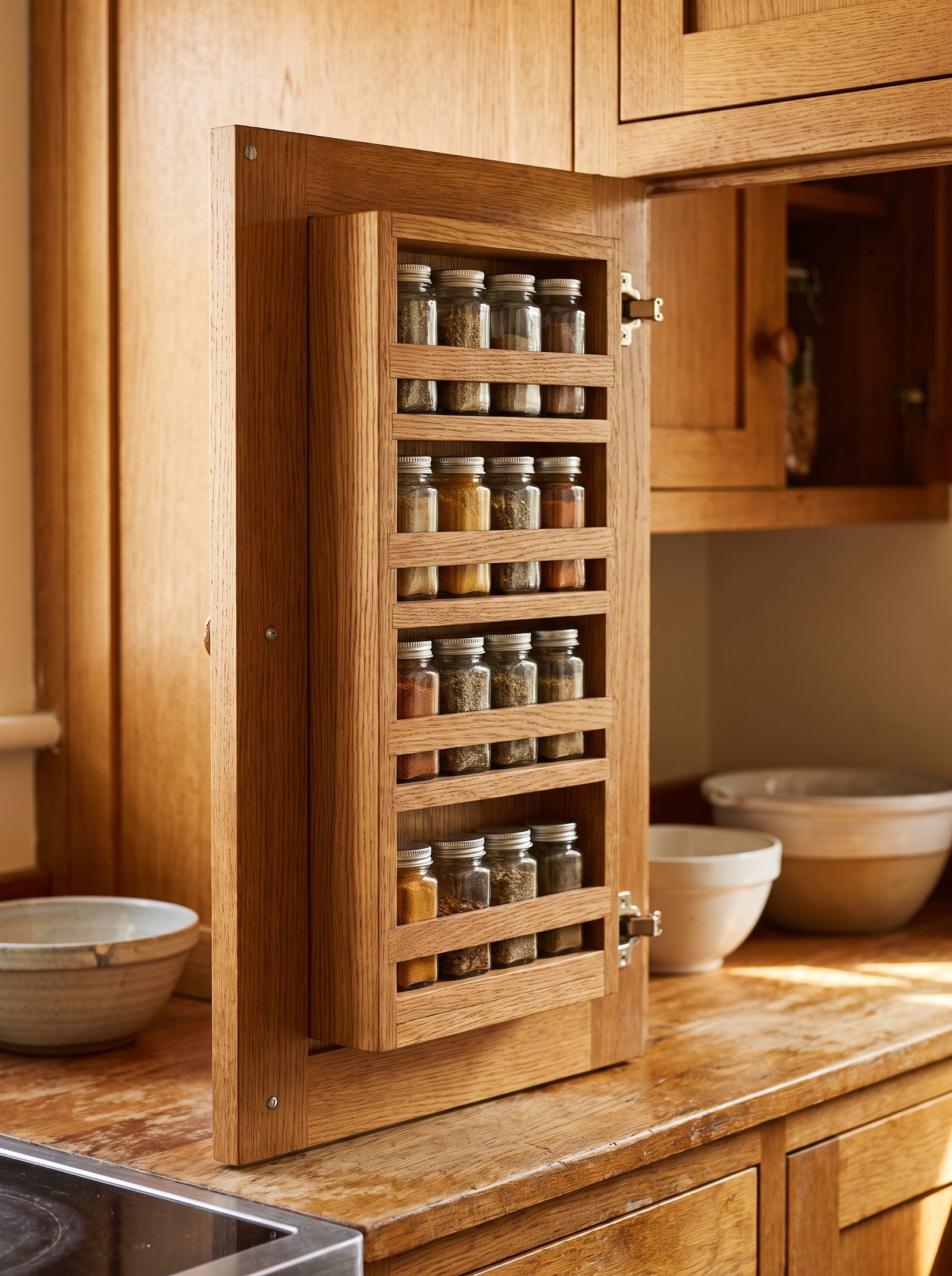 Add a vertical spice rack inside a cabinet door