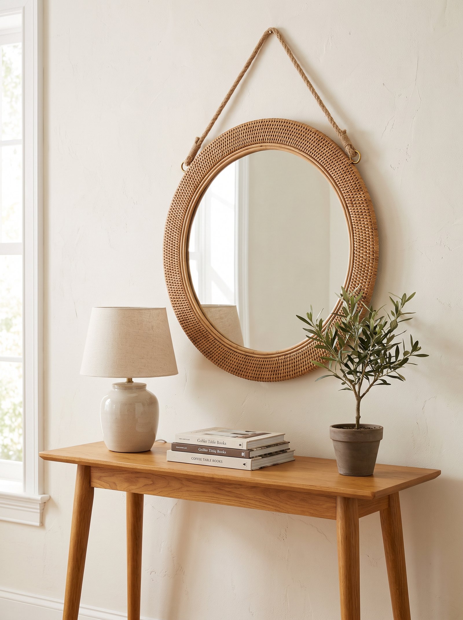 Hang a round mirror above the console