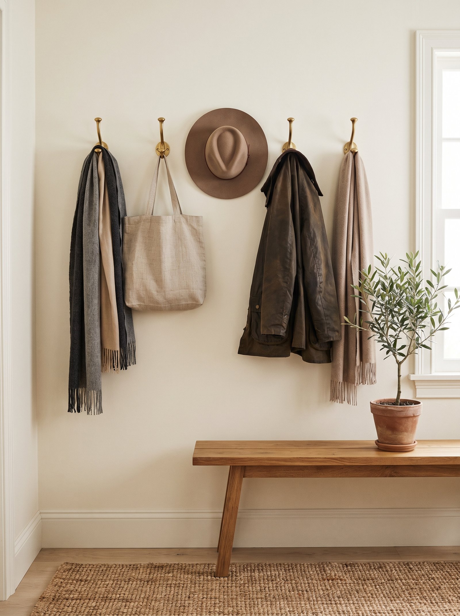 Install brass wall hooks or a hook rail
