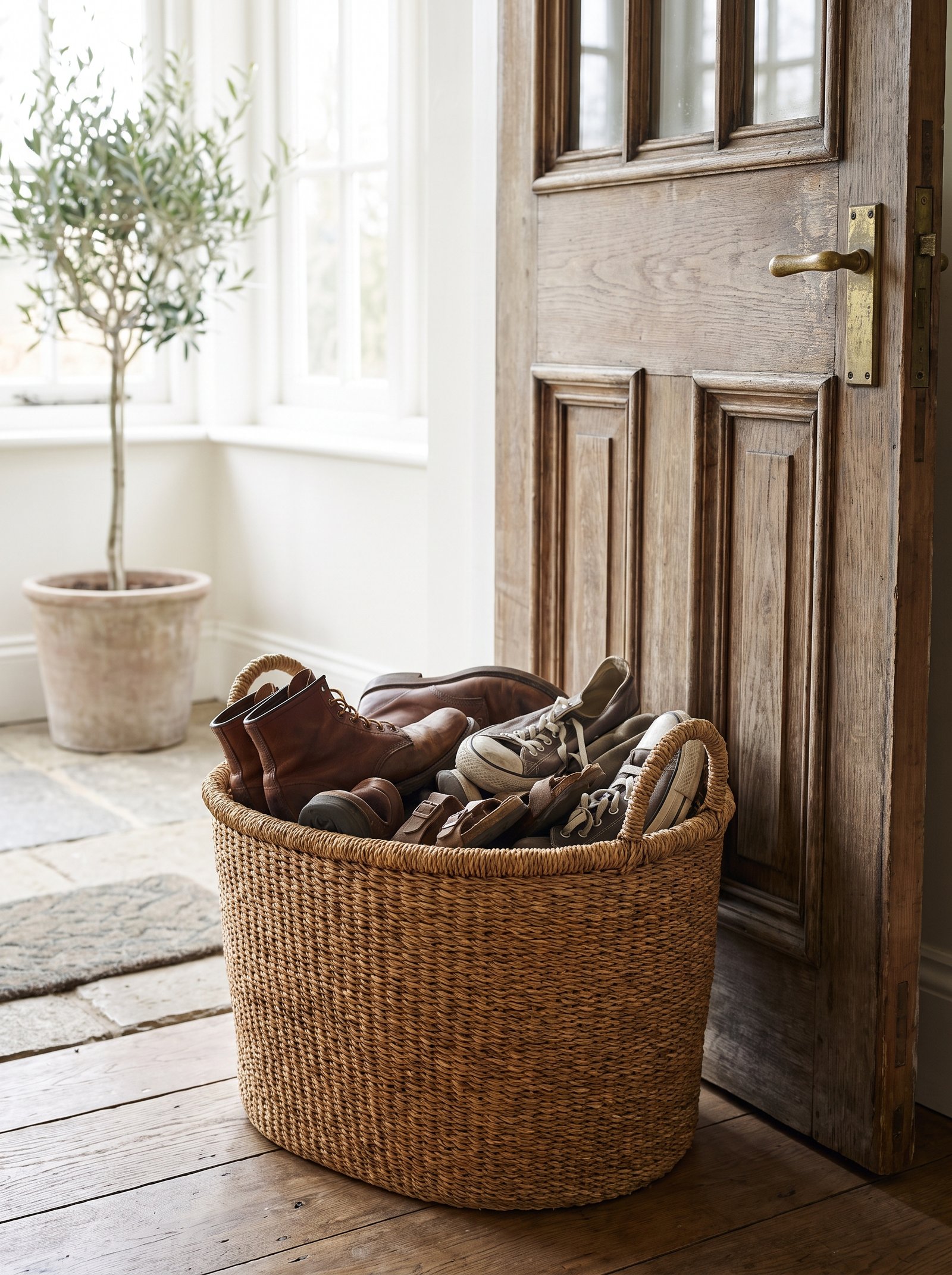 Add a woven basket for shoes