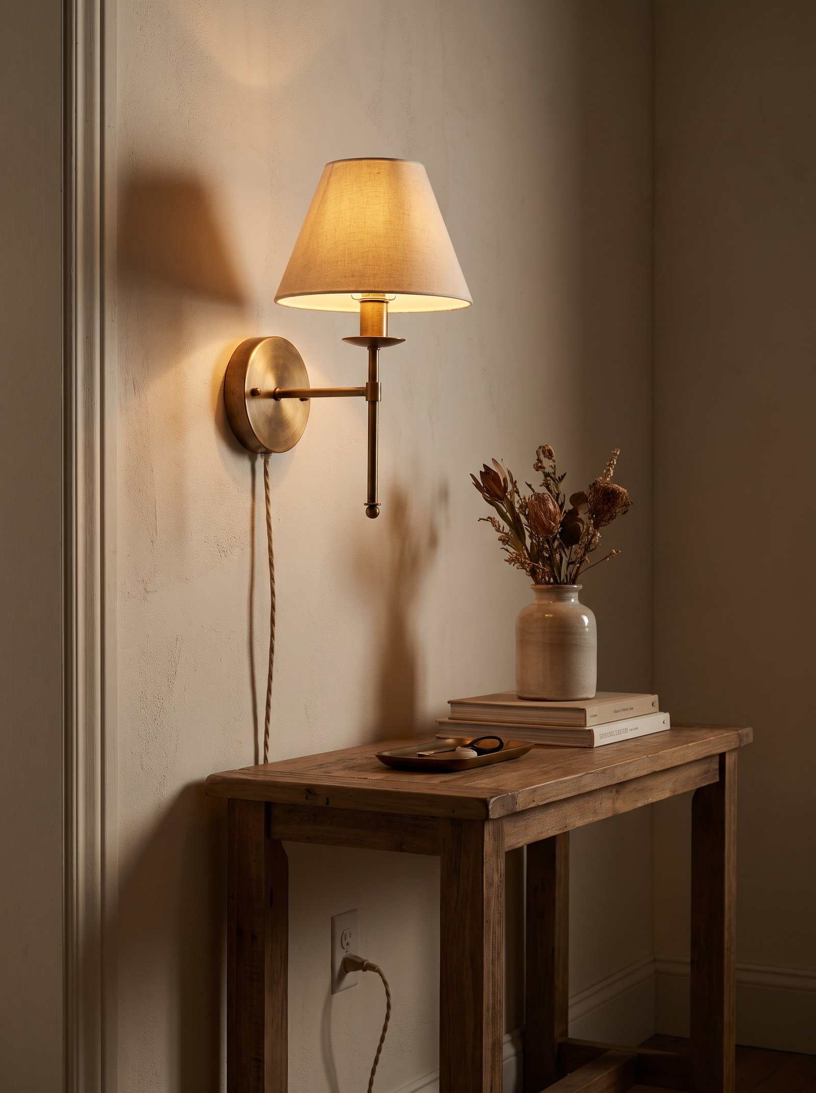 Add a warm plug-in wall sconce for evening