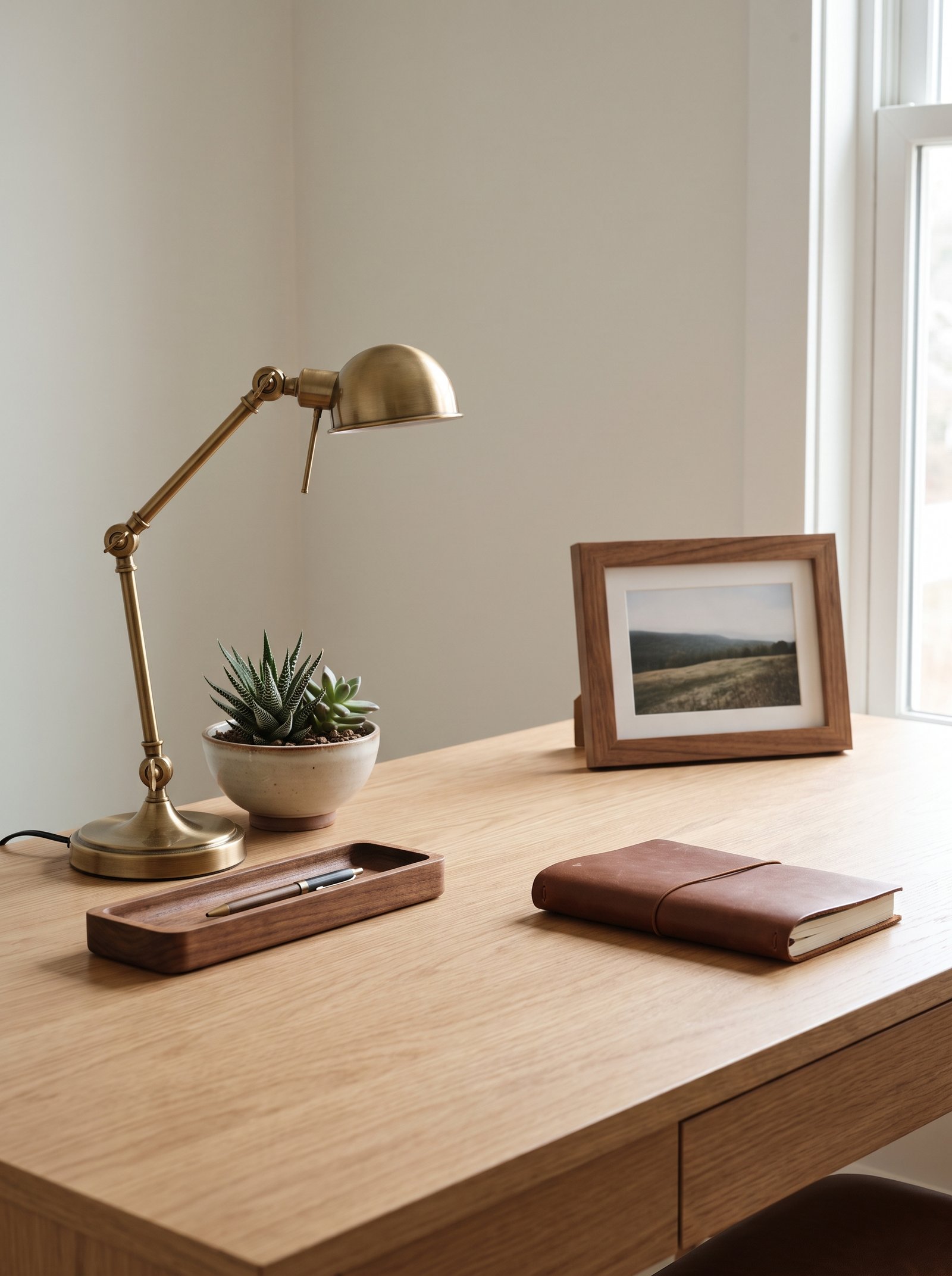 Style the desk with 3-5 objects maximum