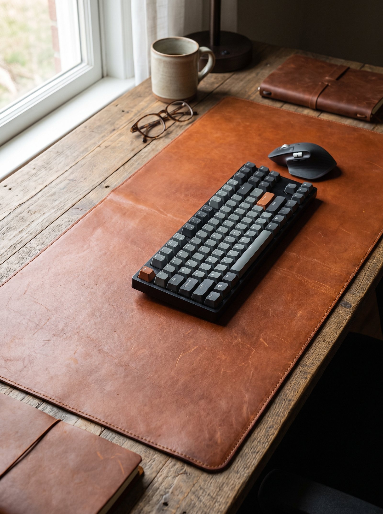 Add a small warm-neutral desk pad