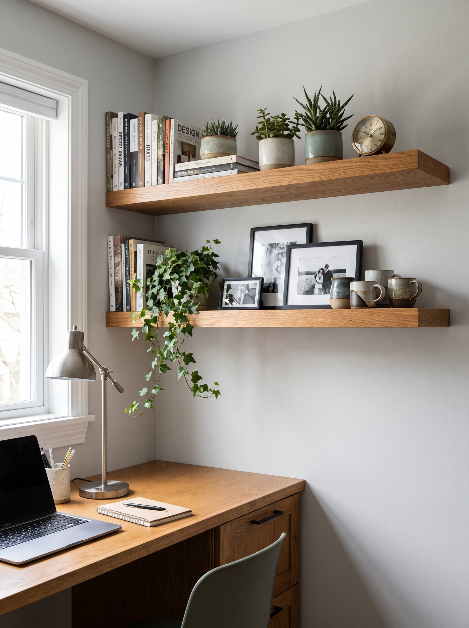 Add floating shelves above the desk