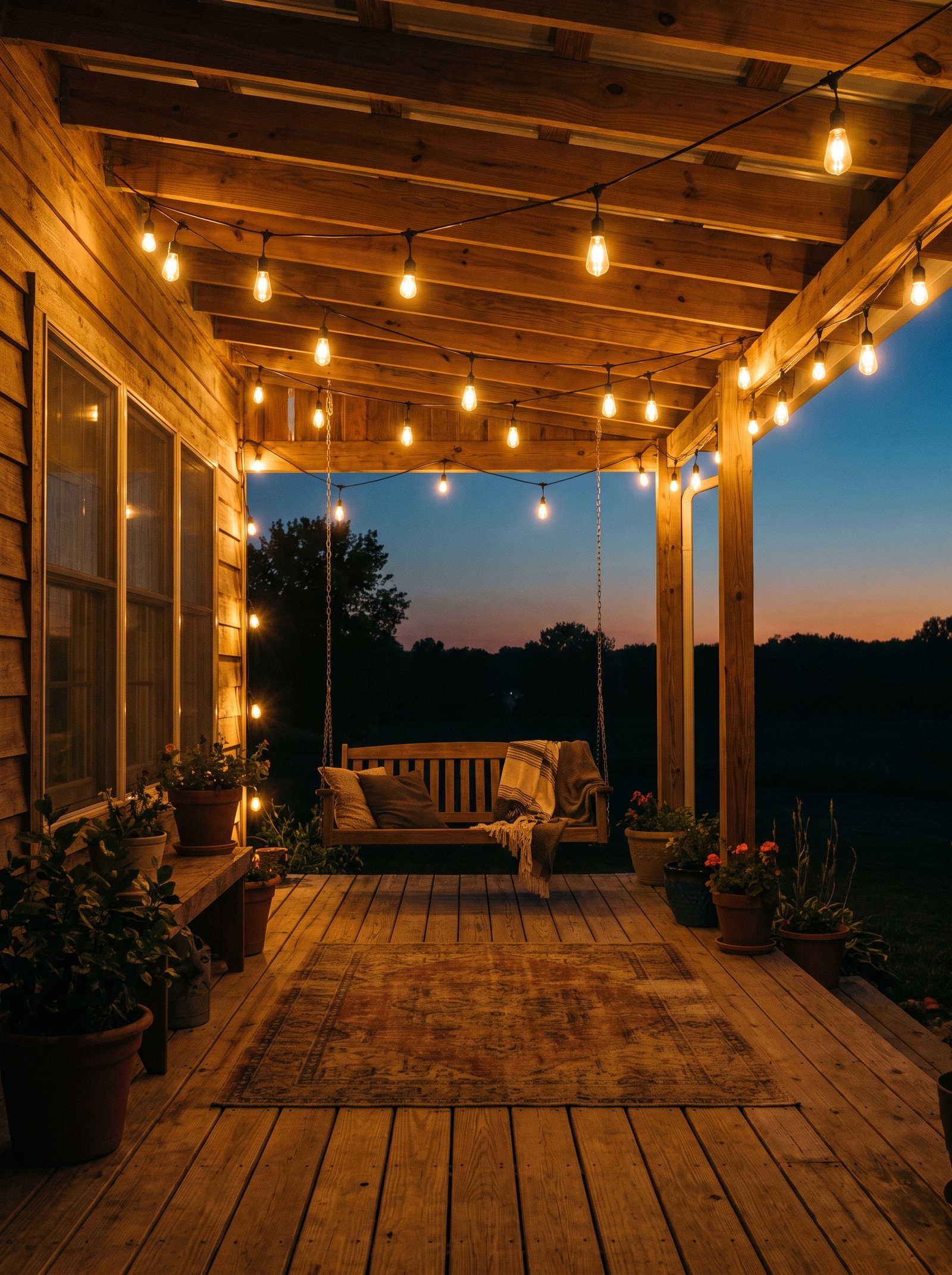 Add string lights along the porch ceiling