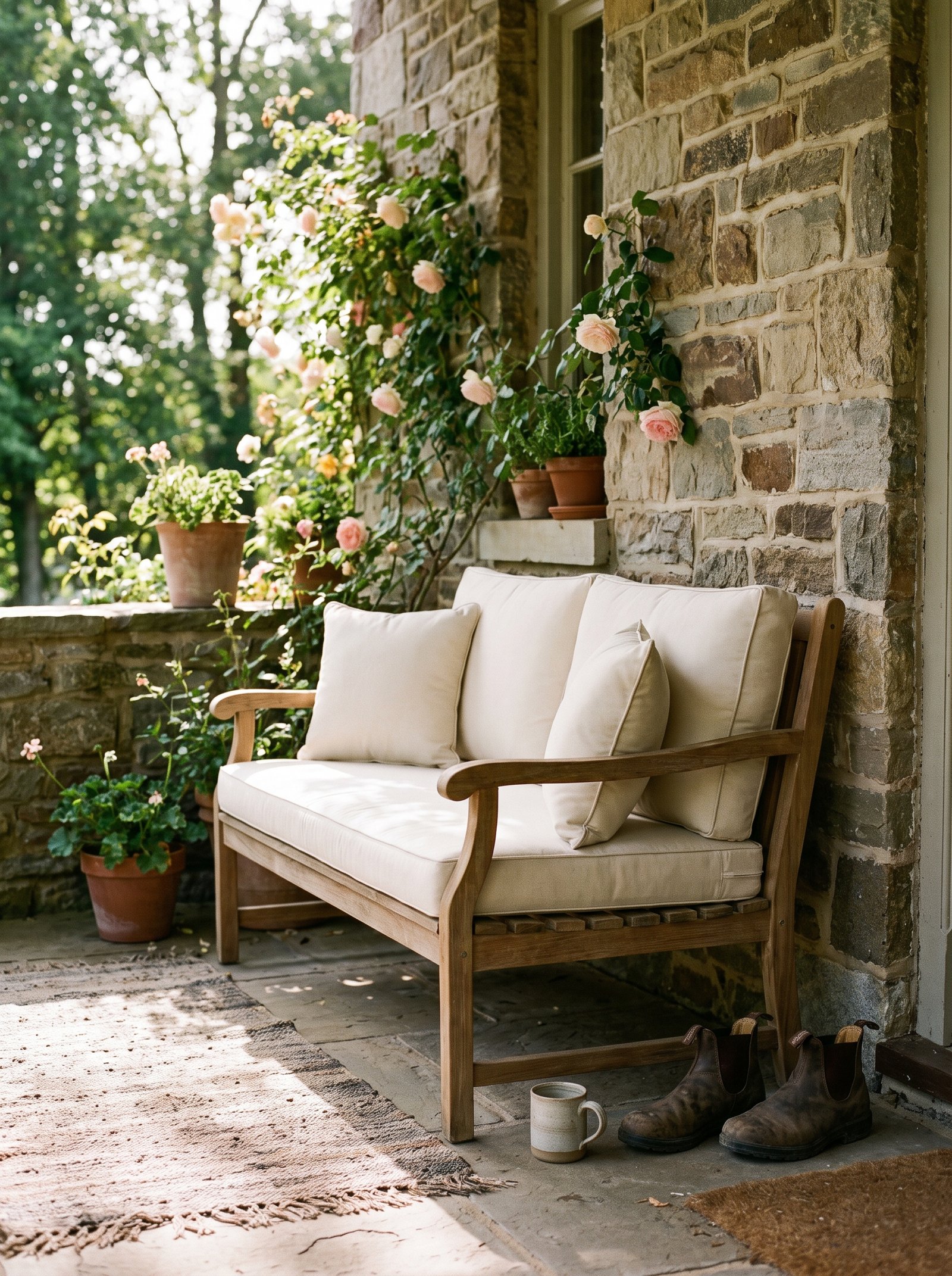 Add a small outdoor bench or bench cushion