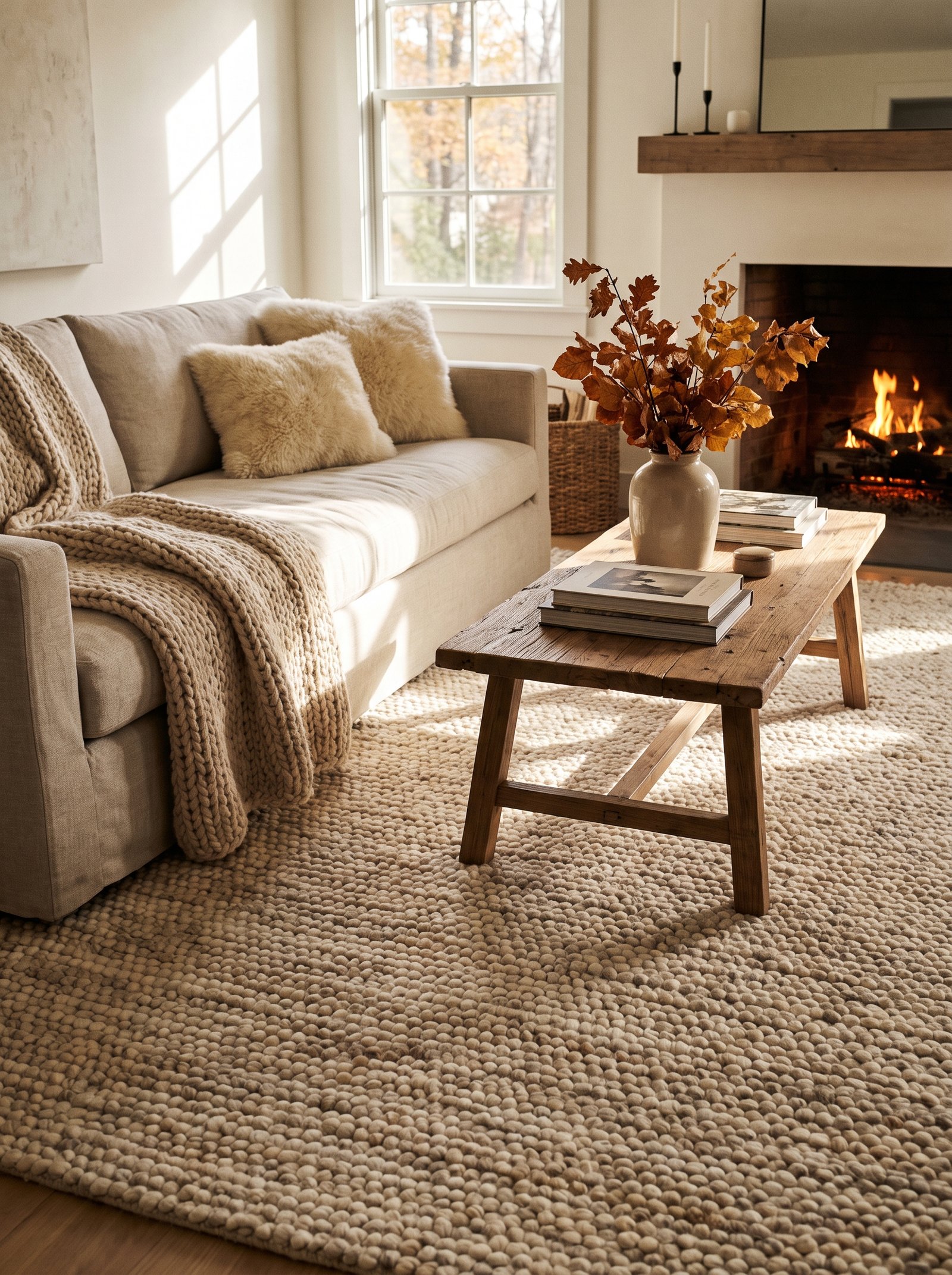 Add a heavier rug or layer a smaller rug on top