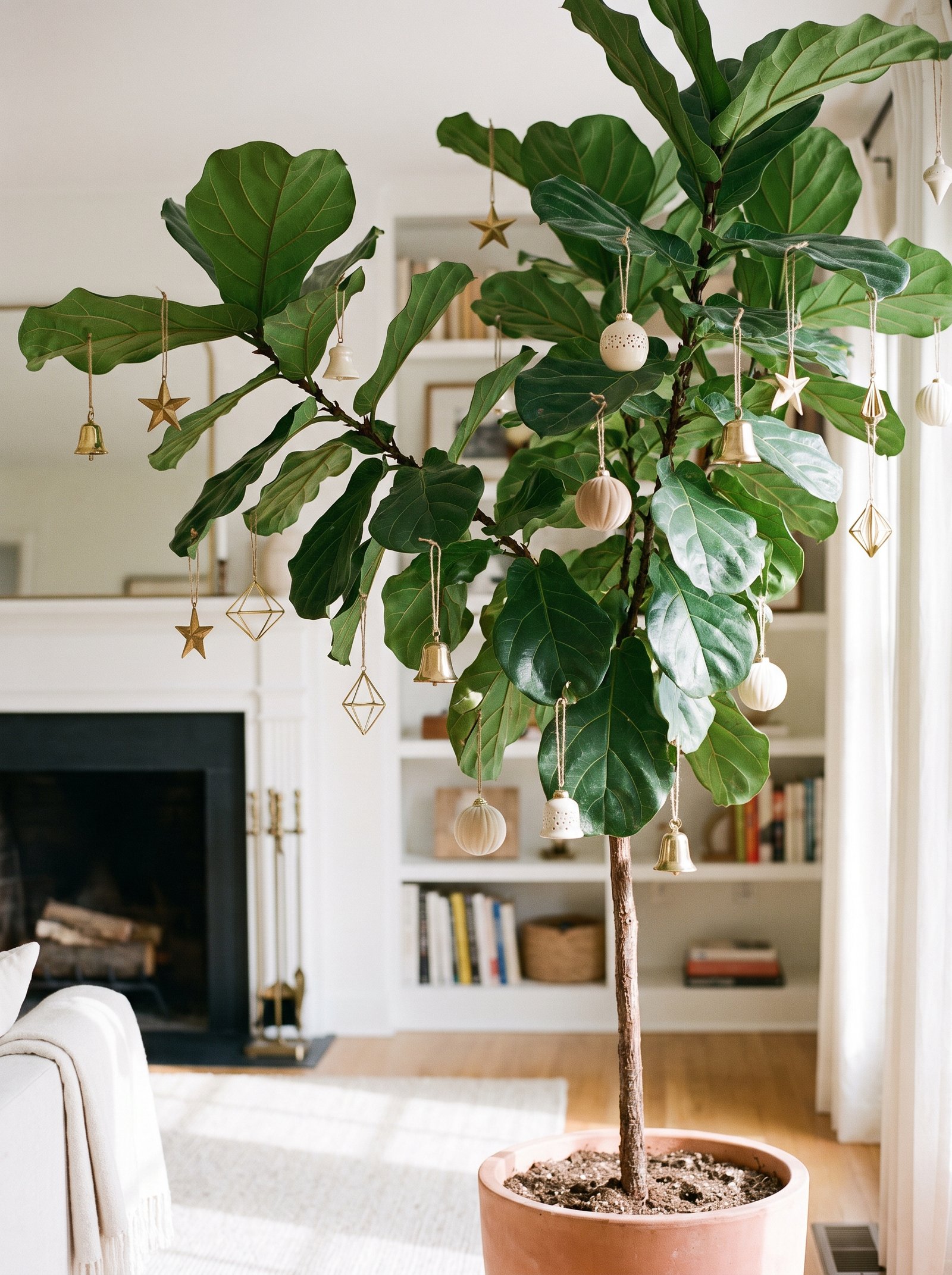Add small brass or cream ornaments to houseplants