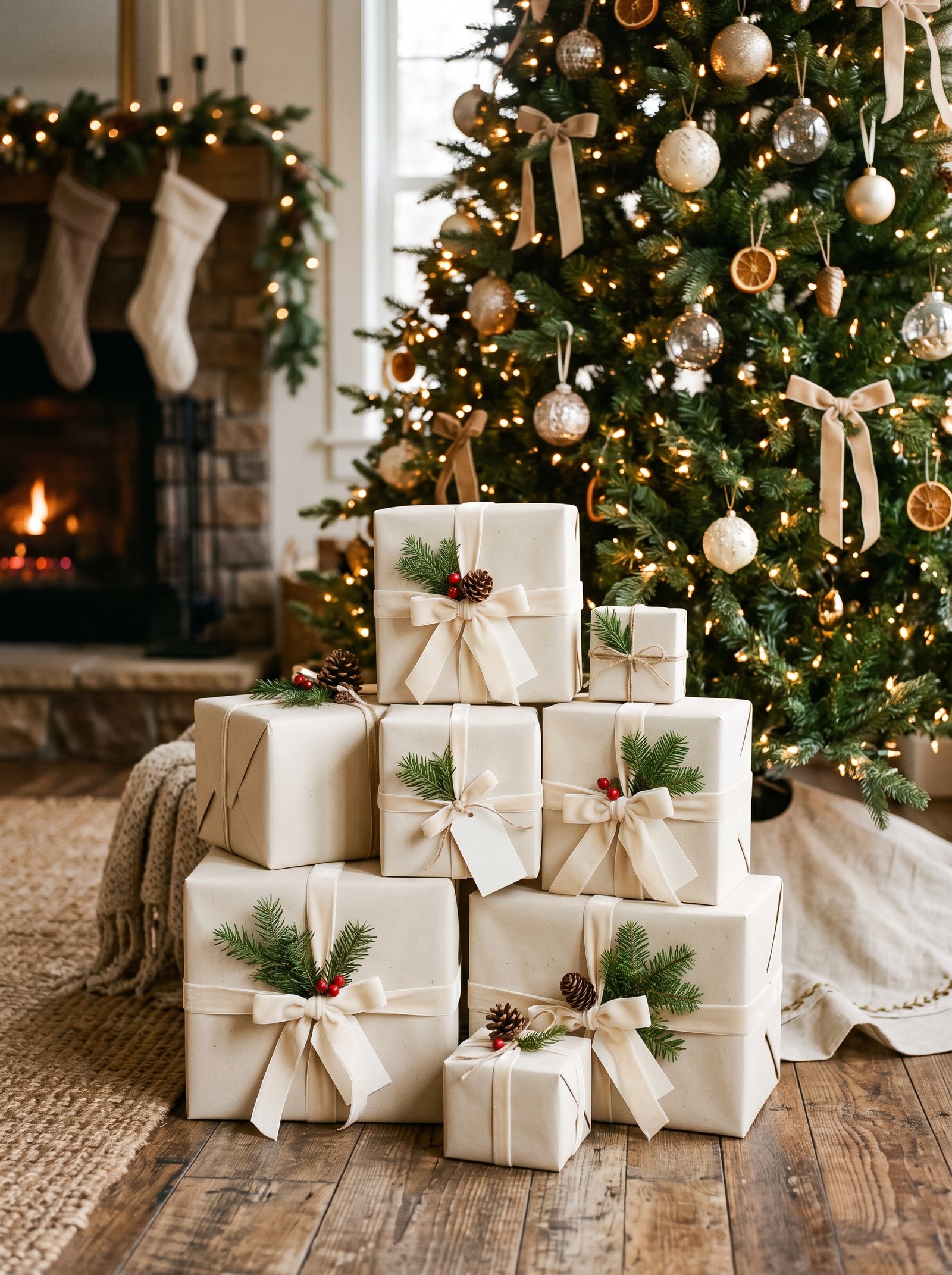 Add small wrapped gift stacks under the tree