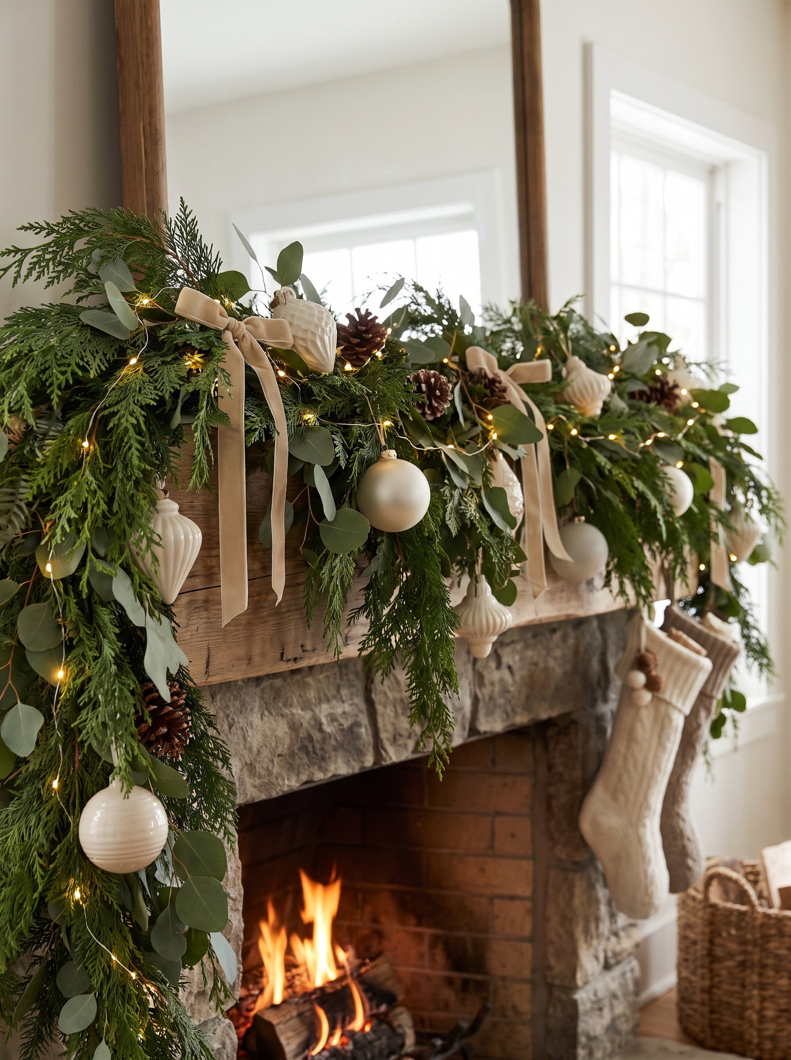 Add fresh or faux evergreen garland to the mantel