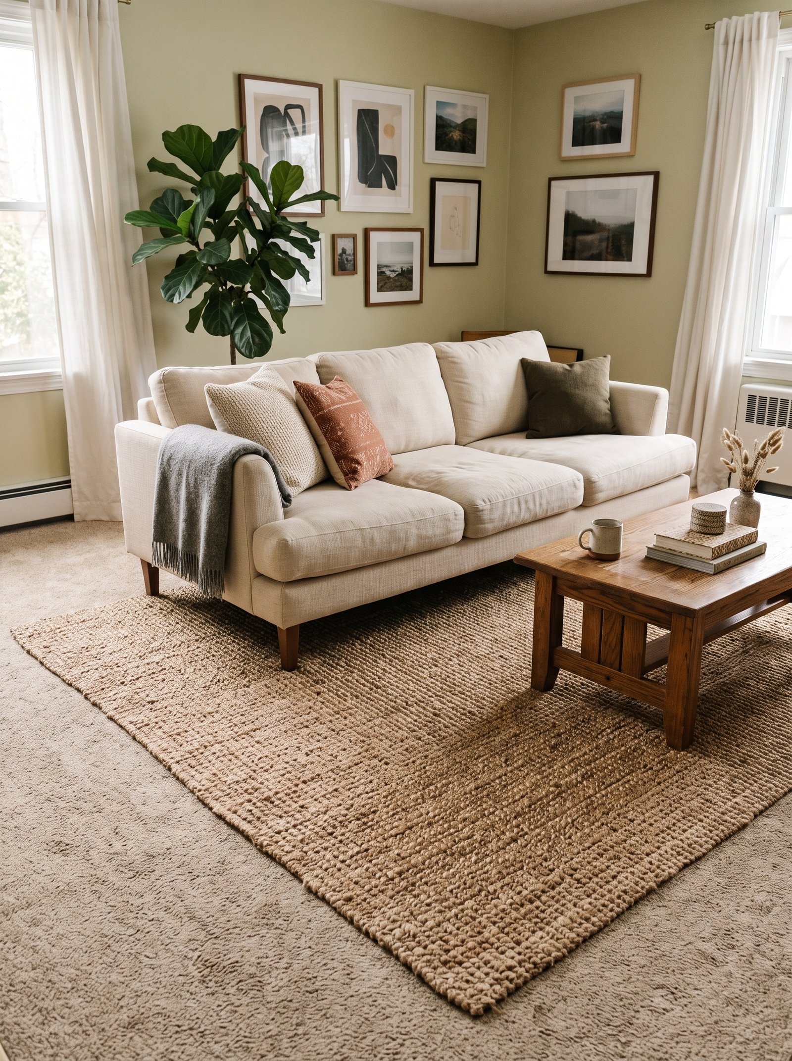 Layer a big jute rug over ugly rental carpet