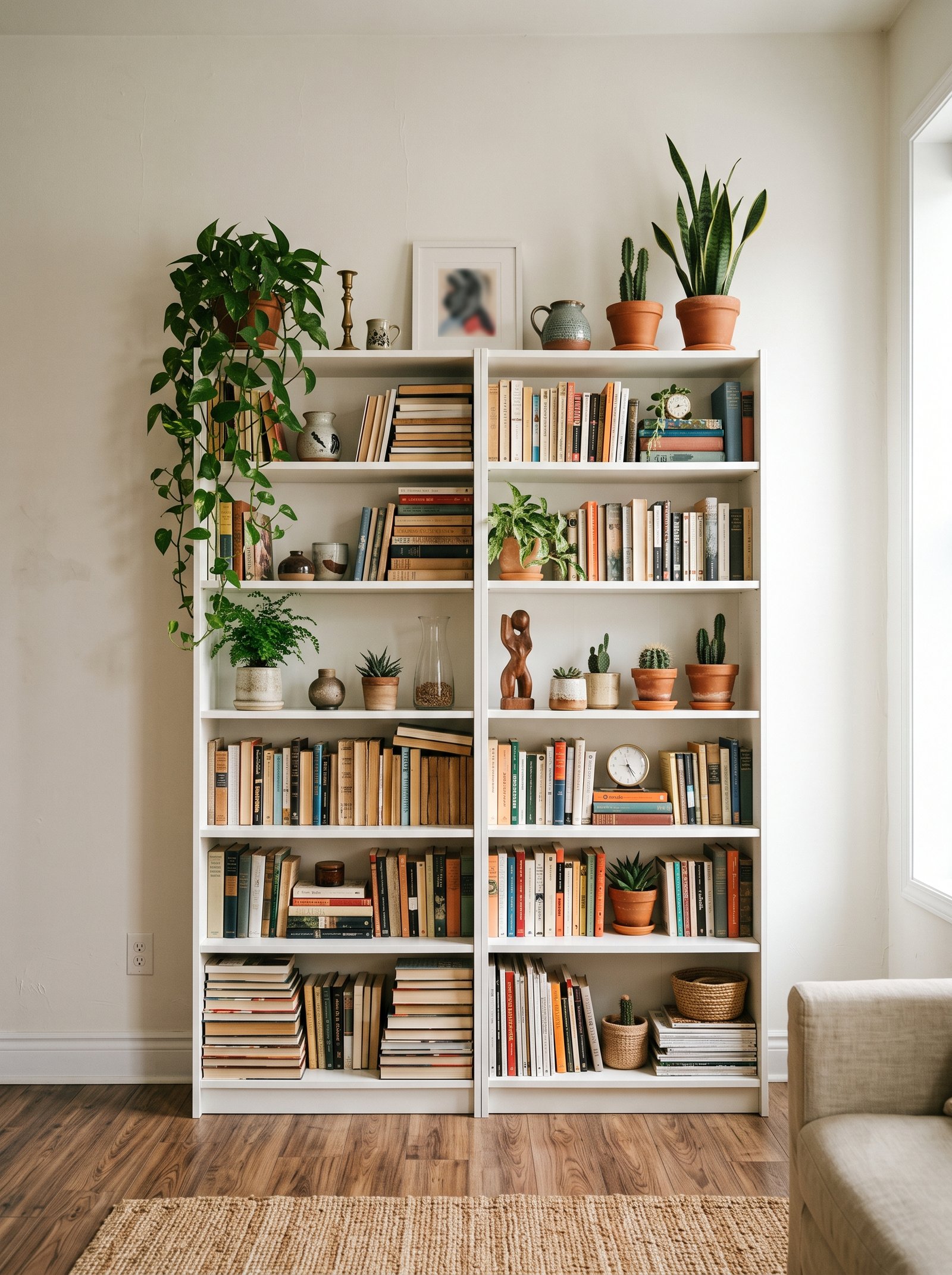 Add a tall freestanding bookshelf
