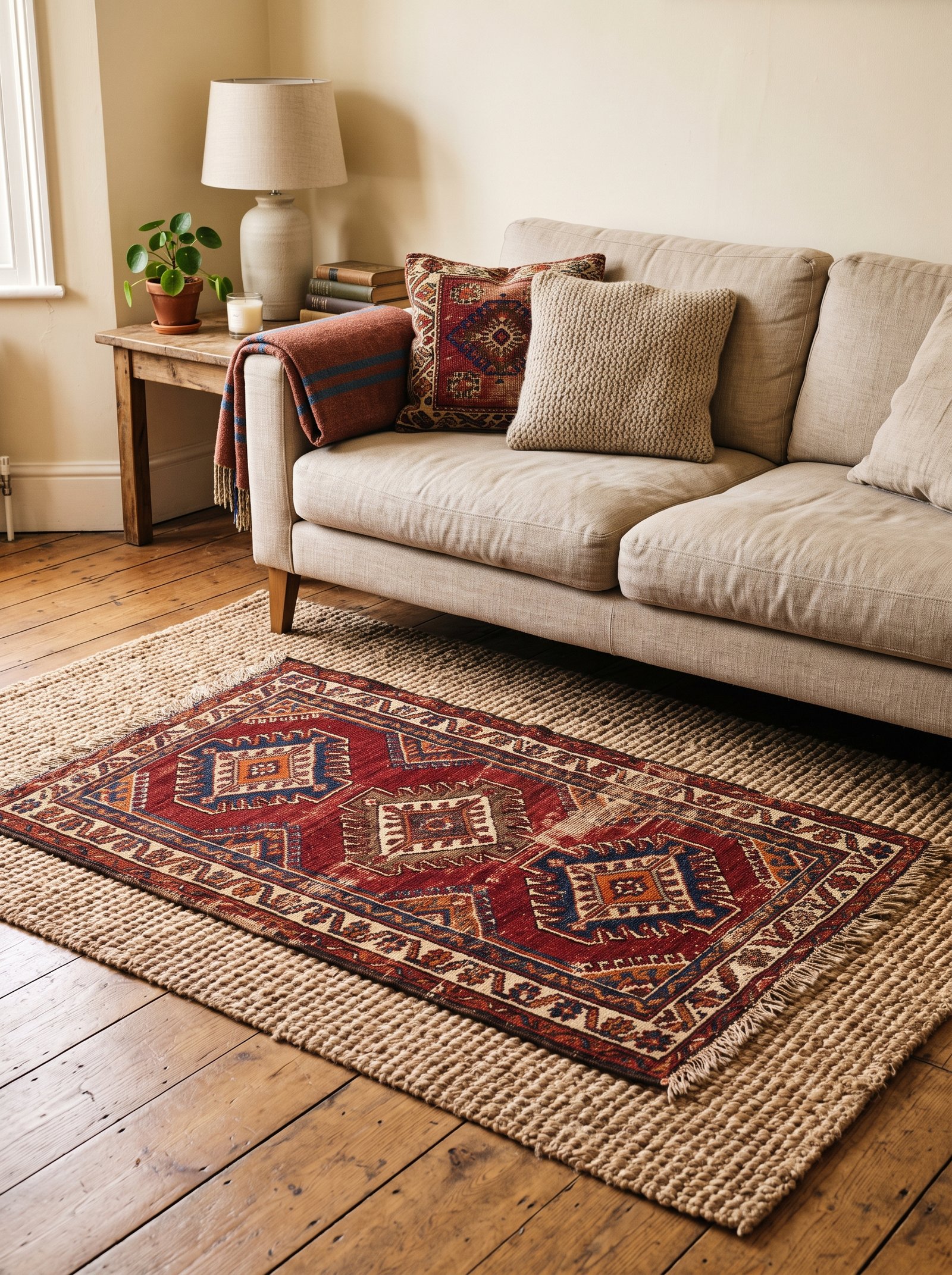 Add a warm-toned area rug pad and layered smaller rug