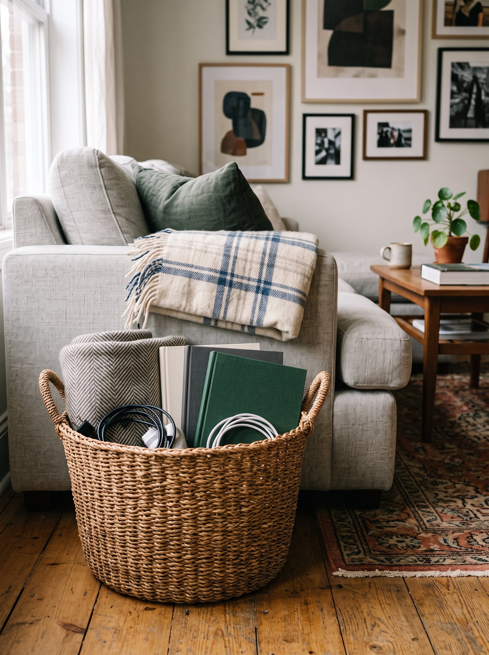 Add hidden storage in a decorative bin or ottoman