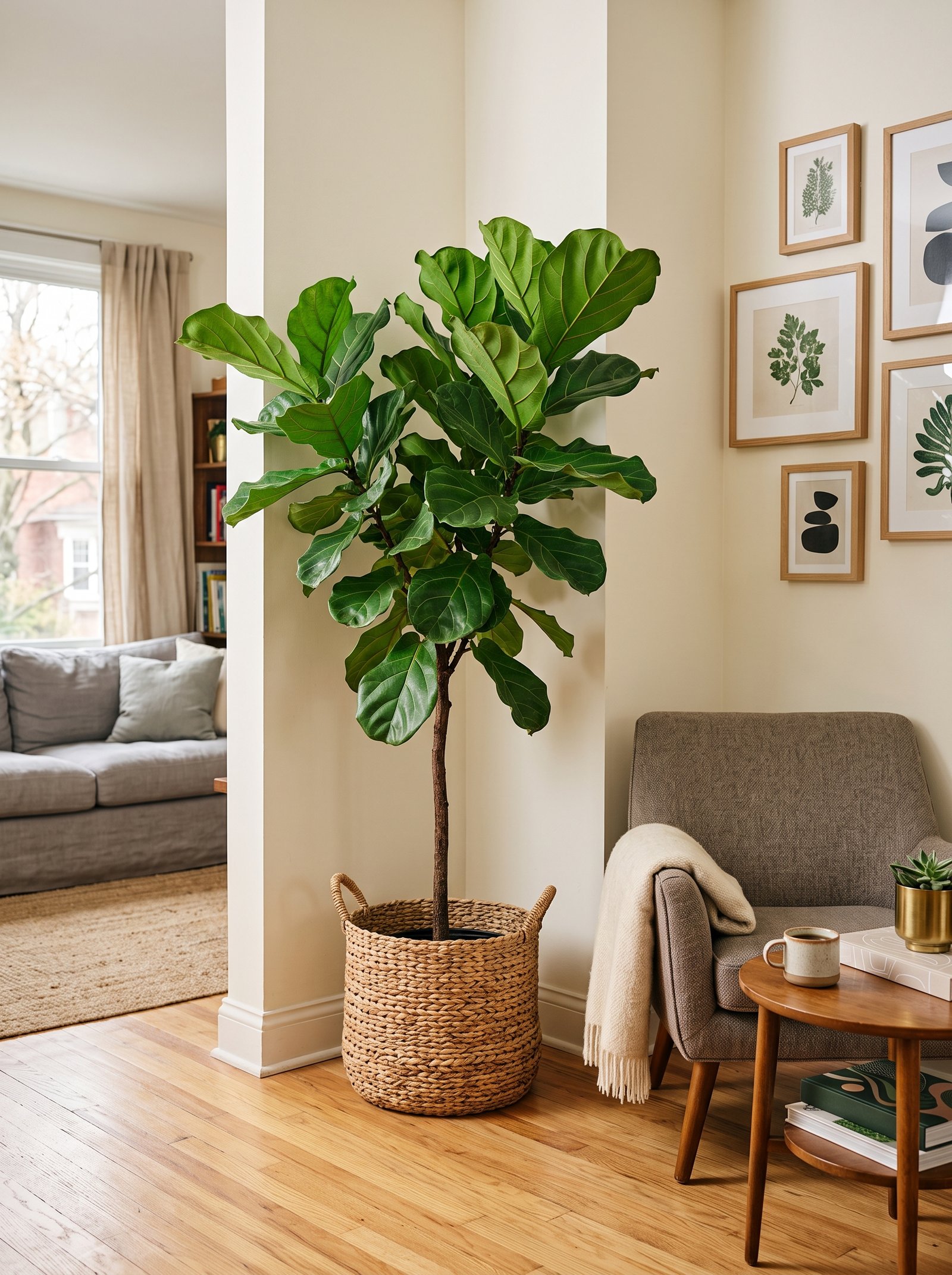 Add tall floor plants in warm baskets