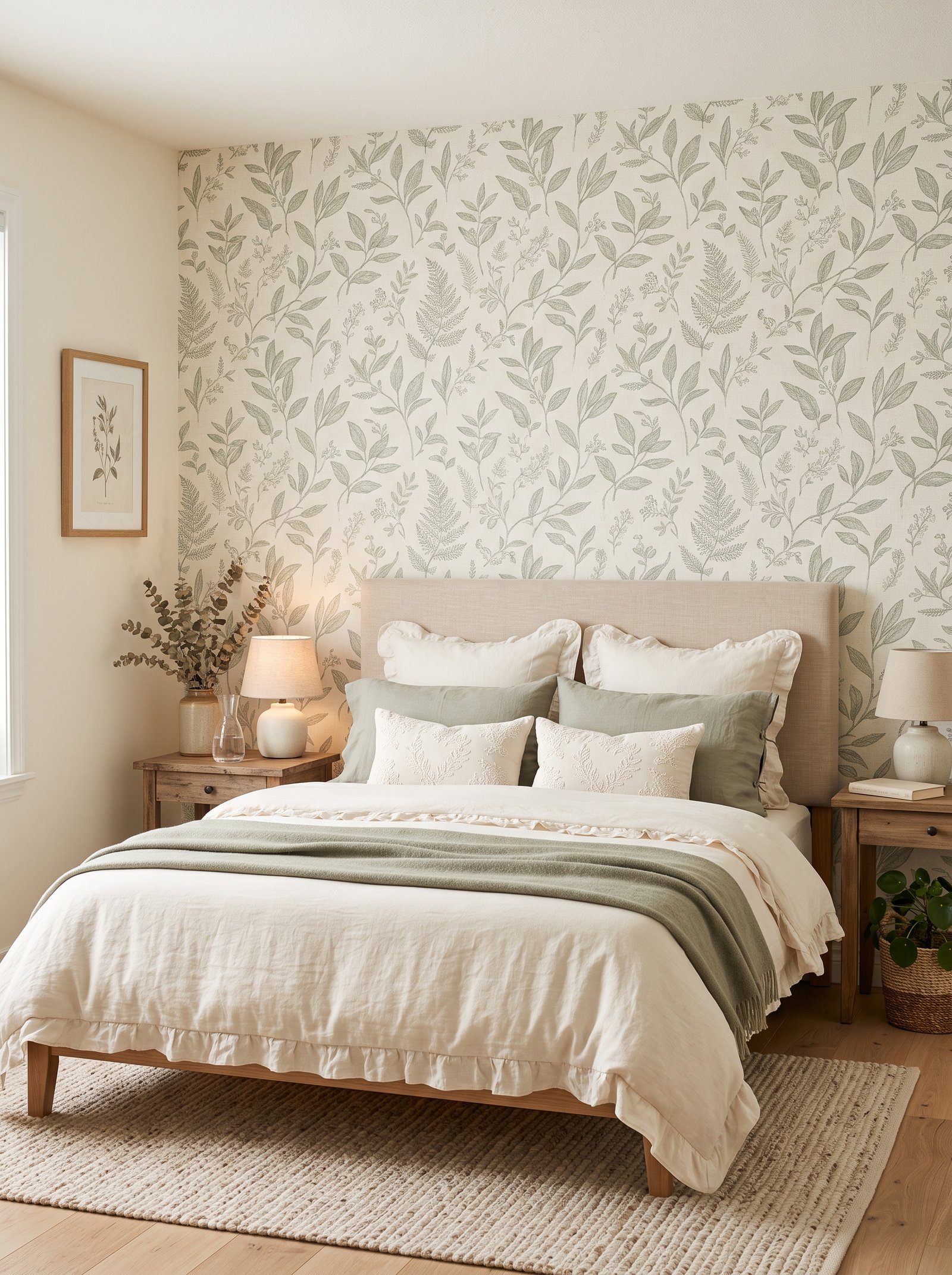 Subtle botanical for the bedroom accent wall