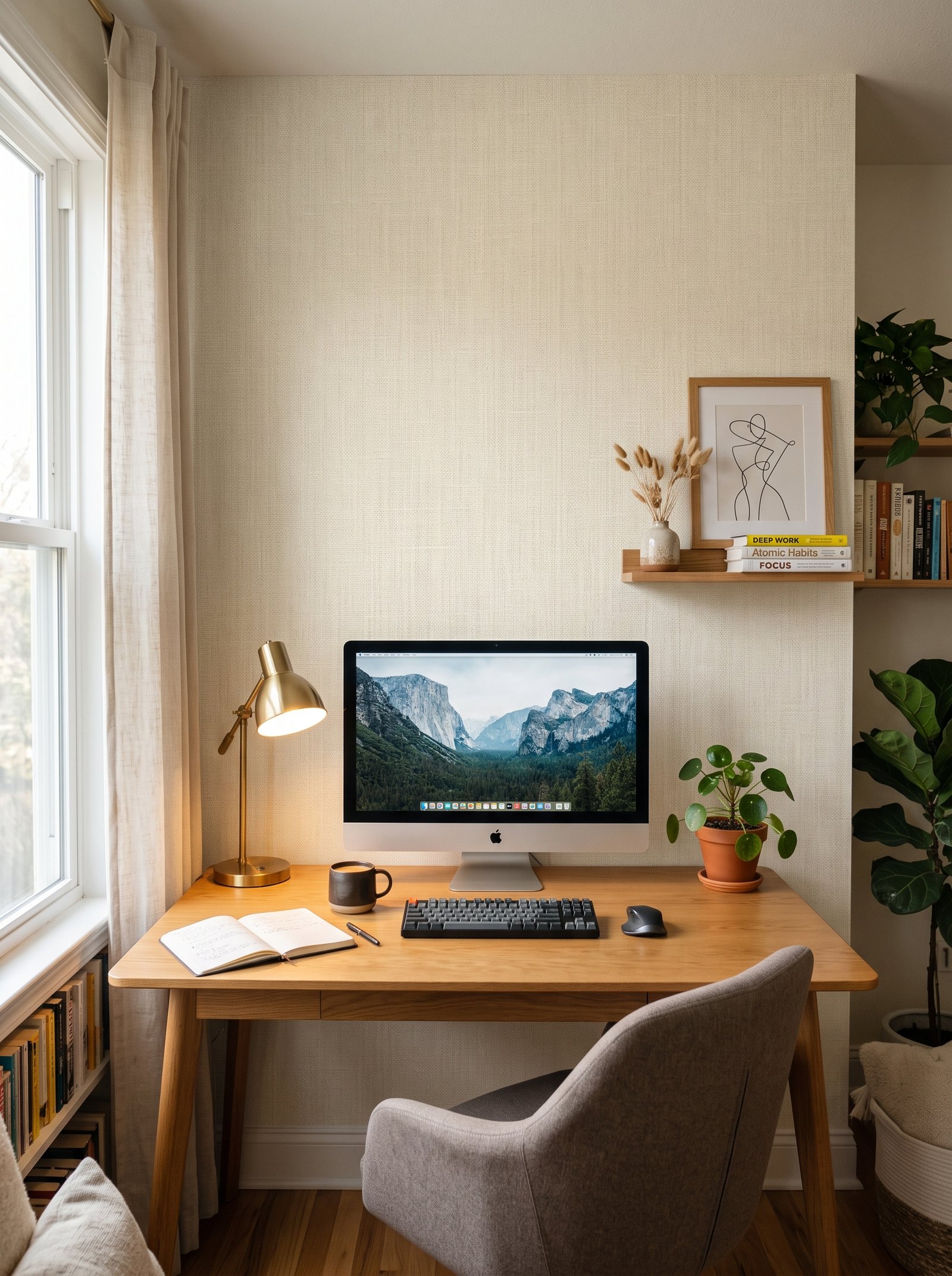 Warm neutral solid or subtle texture for the office