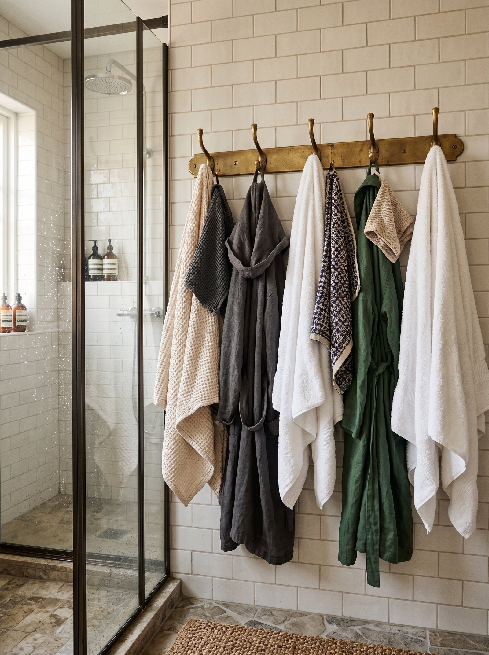 Small hook rail for towels beside the shower