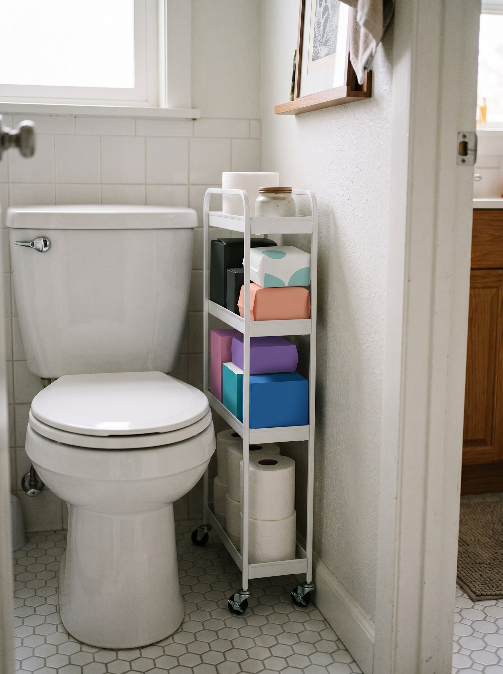 Slim rolling cart tucked between toilet and wall